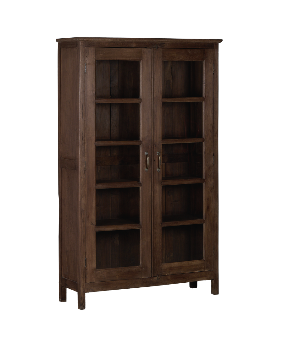 Vintage Indian oak wood display cabinet, natural finish, featuring glass panel doors and interior shelving.