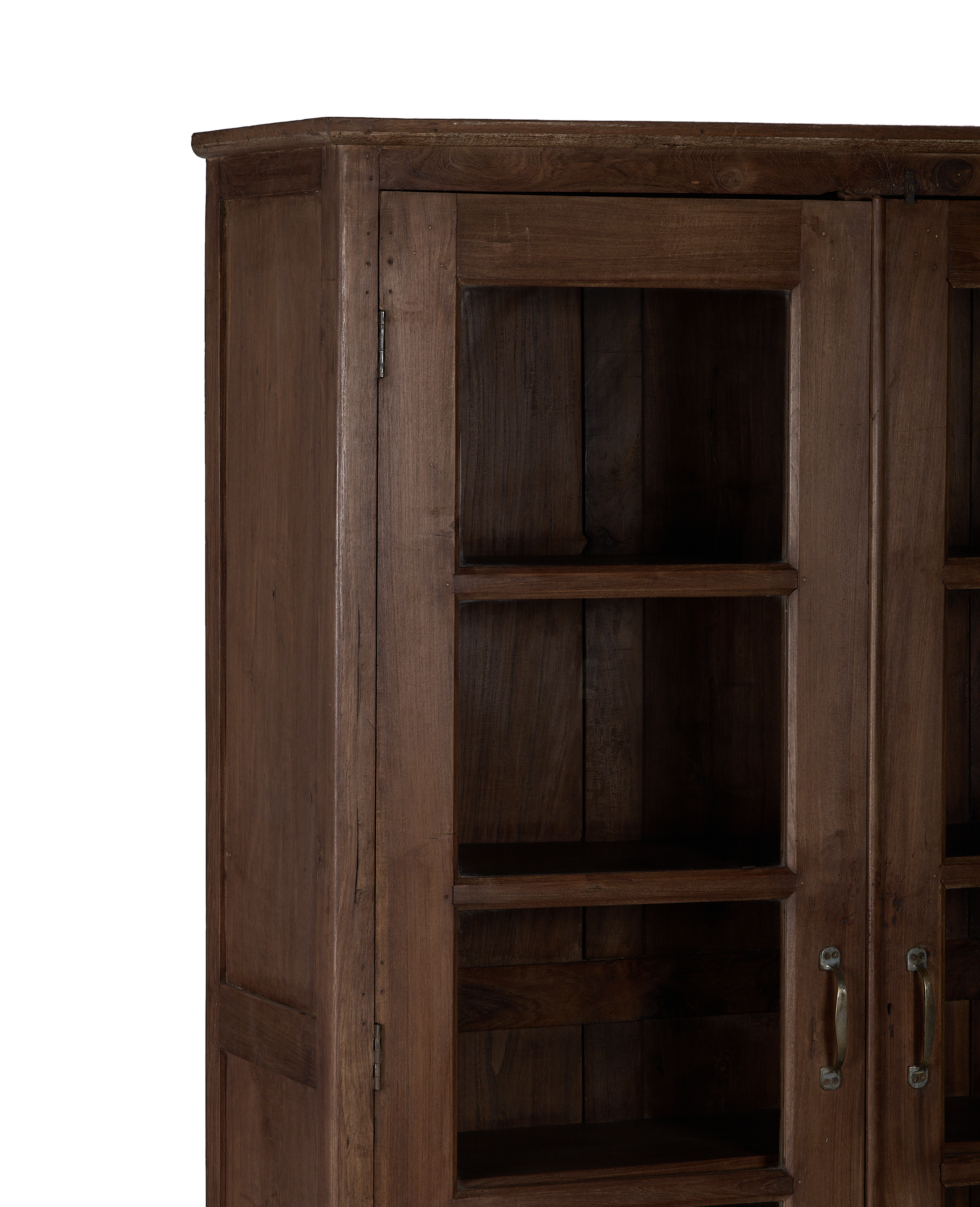 Vintage oak Indian cabinet, close-up shows beautiful wood grain and rustic metal hinges.