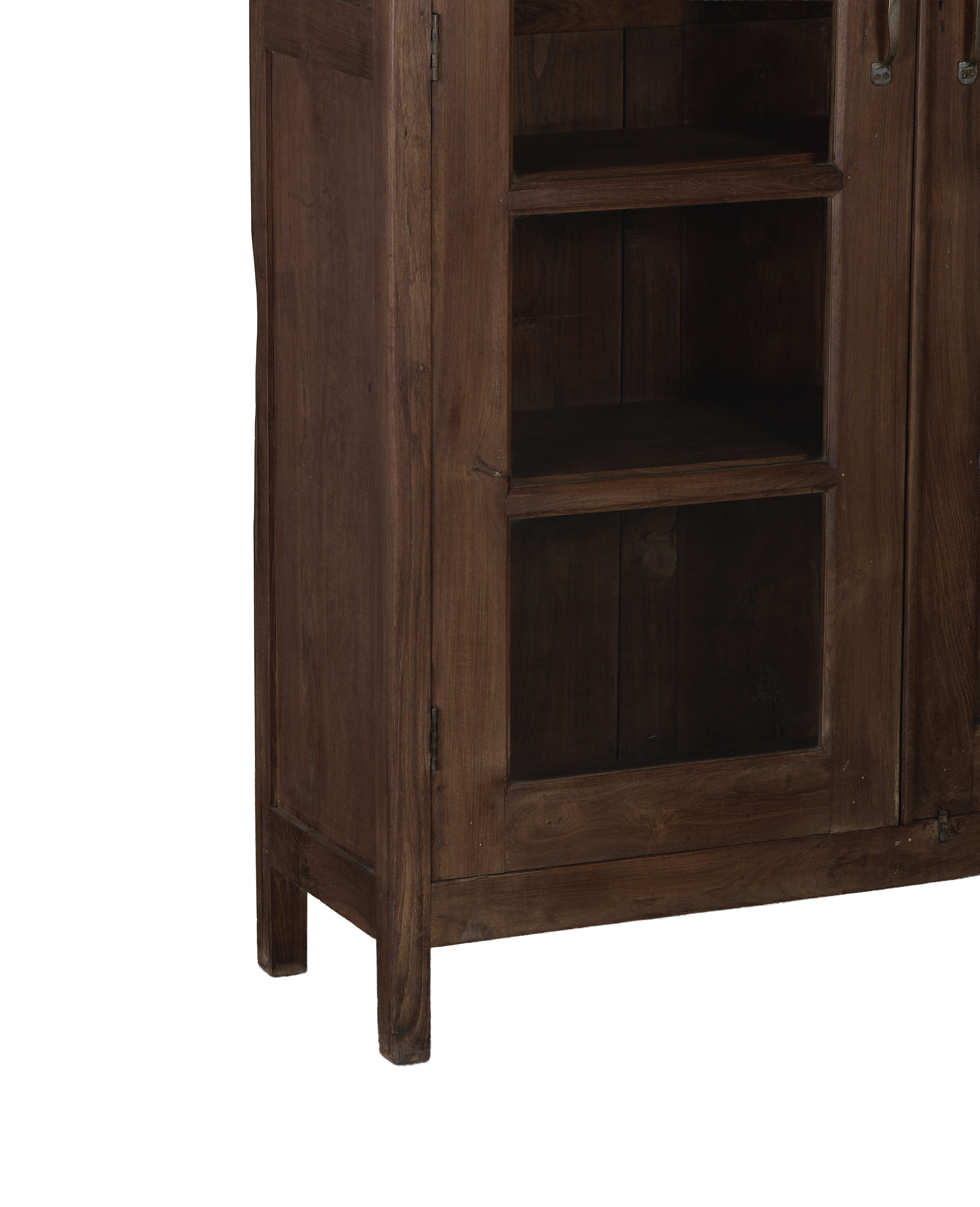 Vintage Indian oak cabinet: lower right details, showing exposed hinges, glass panes, and sturdy feet.