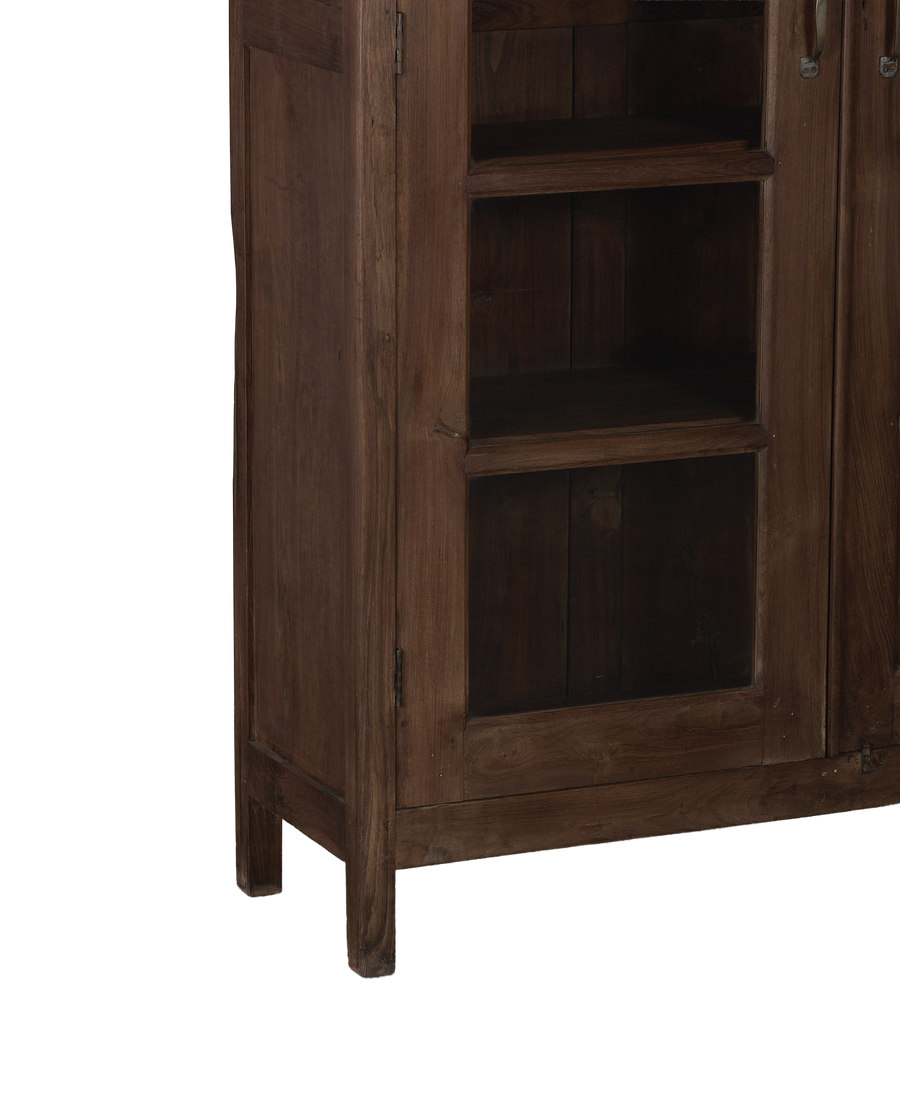 Vintage Indian oak cabinet: lower right details, showing exposed hinges, glass panes, and sturdy feet.