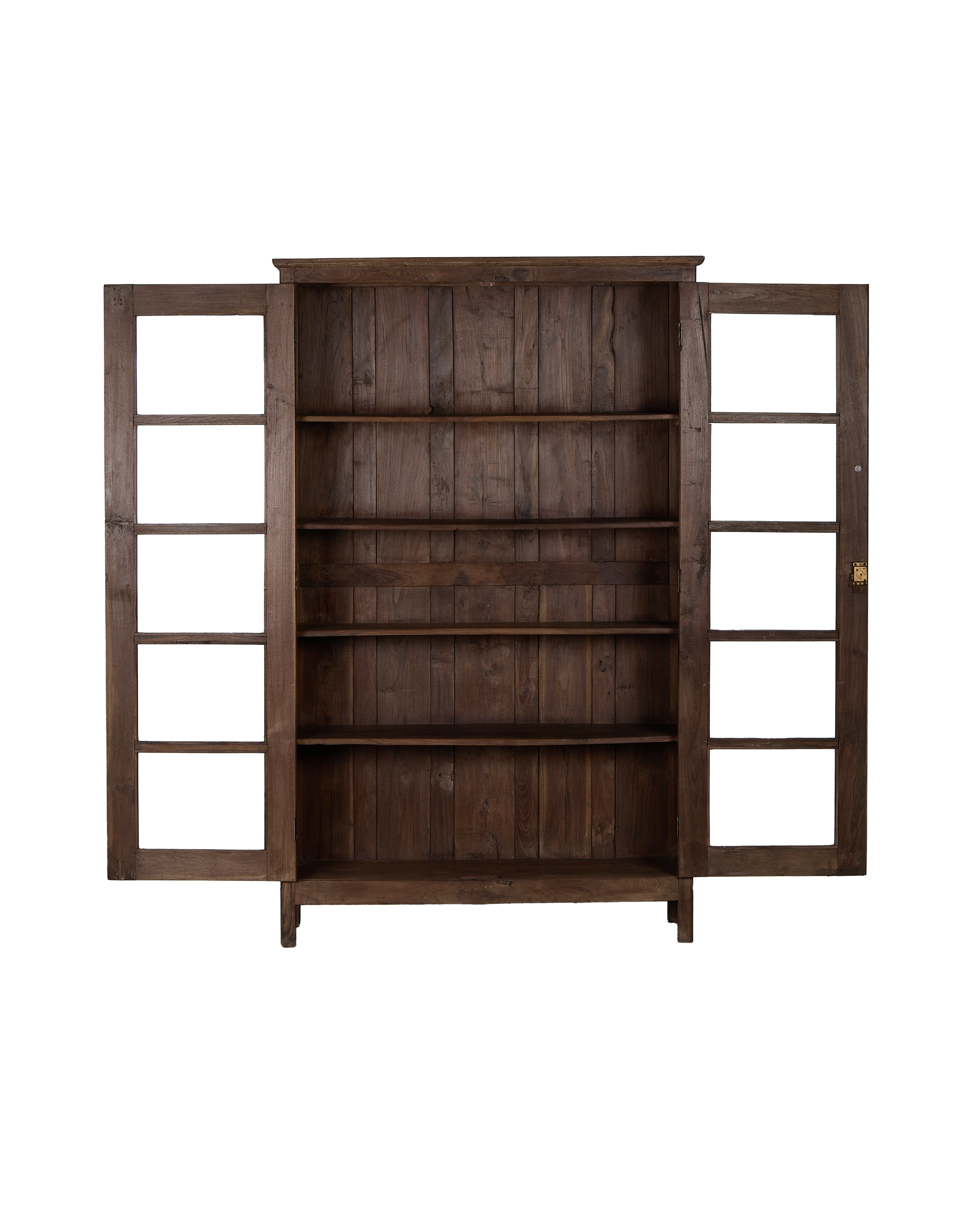 Vintage Indian oak cabinet, doors open revealing natural distressed wood shelves.