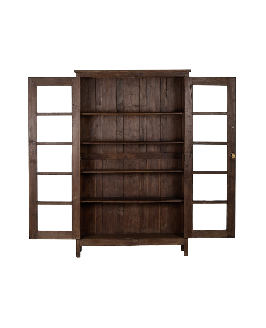 Vintage Indian oak cabinet, doors open revealing natural distressed wood shelves.