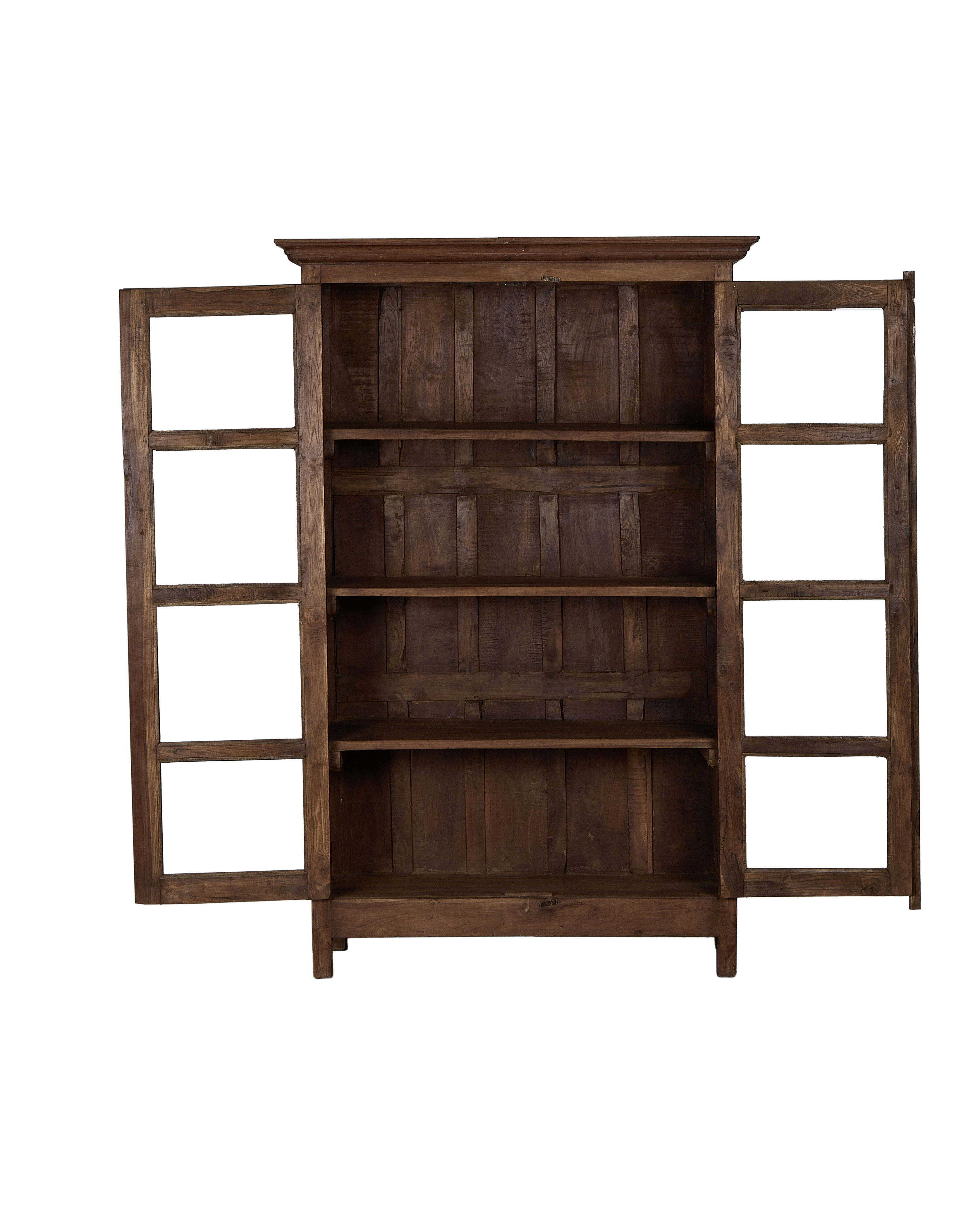 Vintage Indian oak wood cabinet, open doors revealing interior shelves and natural grain.