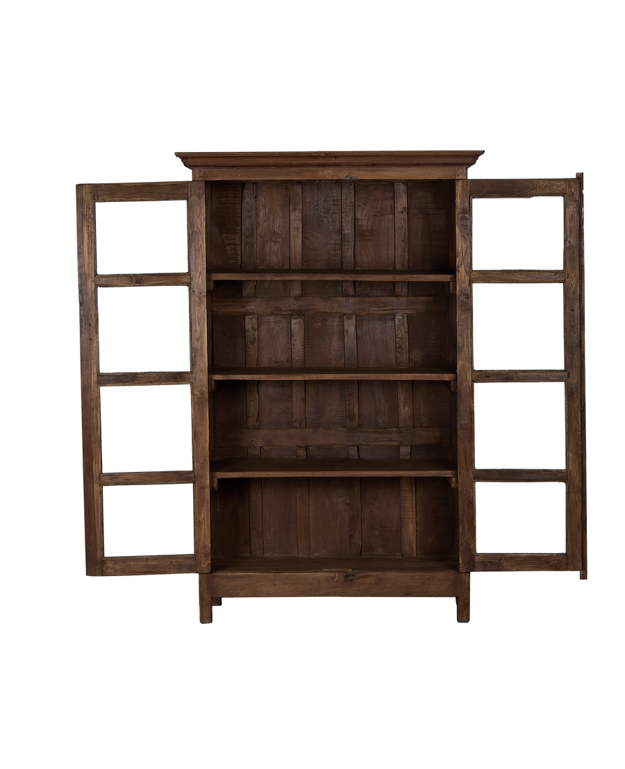 Vintage Indian oak wood cabinet, open doors revealing interior shelves and natural grain.