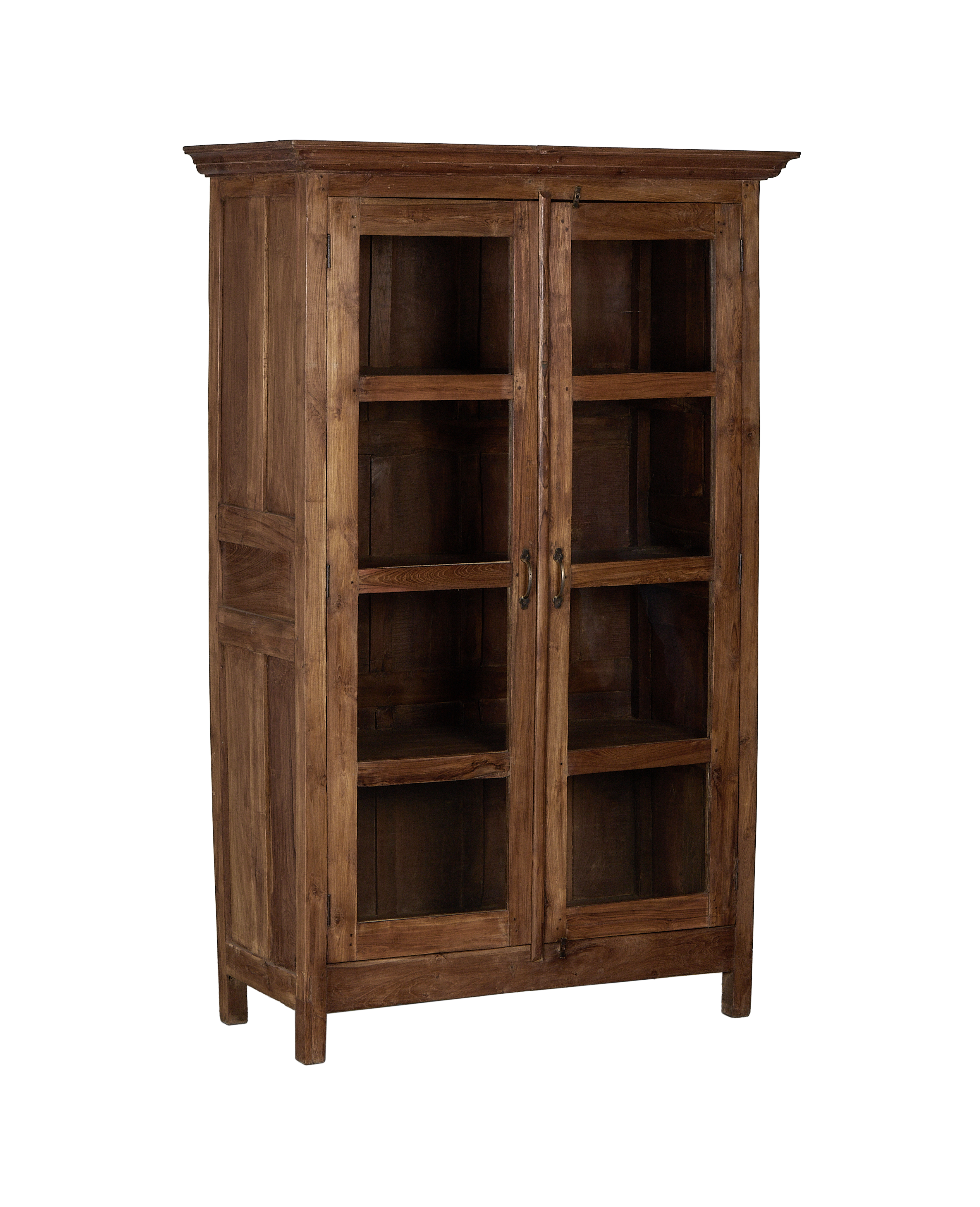 Vintage Indian natural oak wood cabinet, rustic design, glass doors, and aged bronze handles.