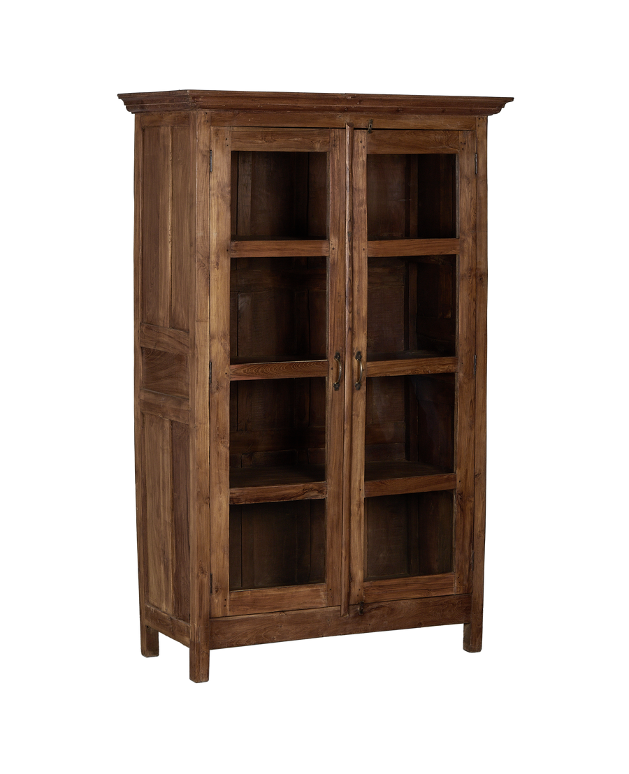 Vintage Indian natural oak wood cabinet, rustic design, glass doors, and aged bronze handles.