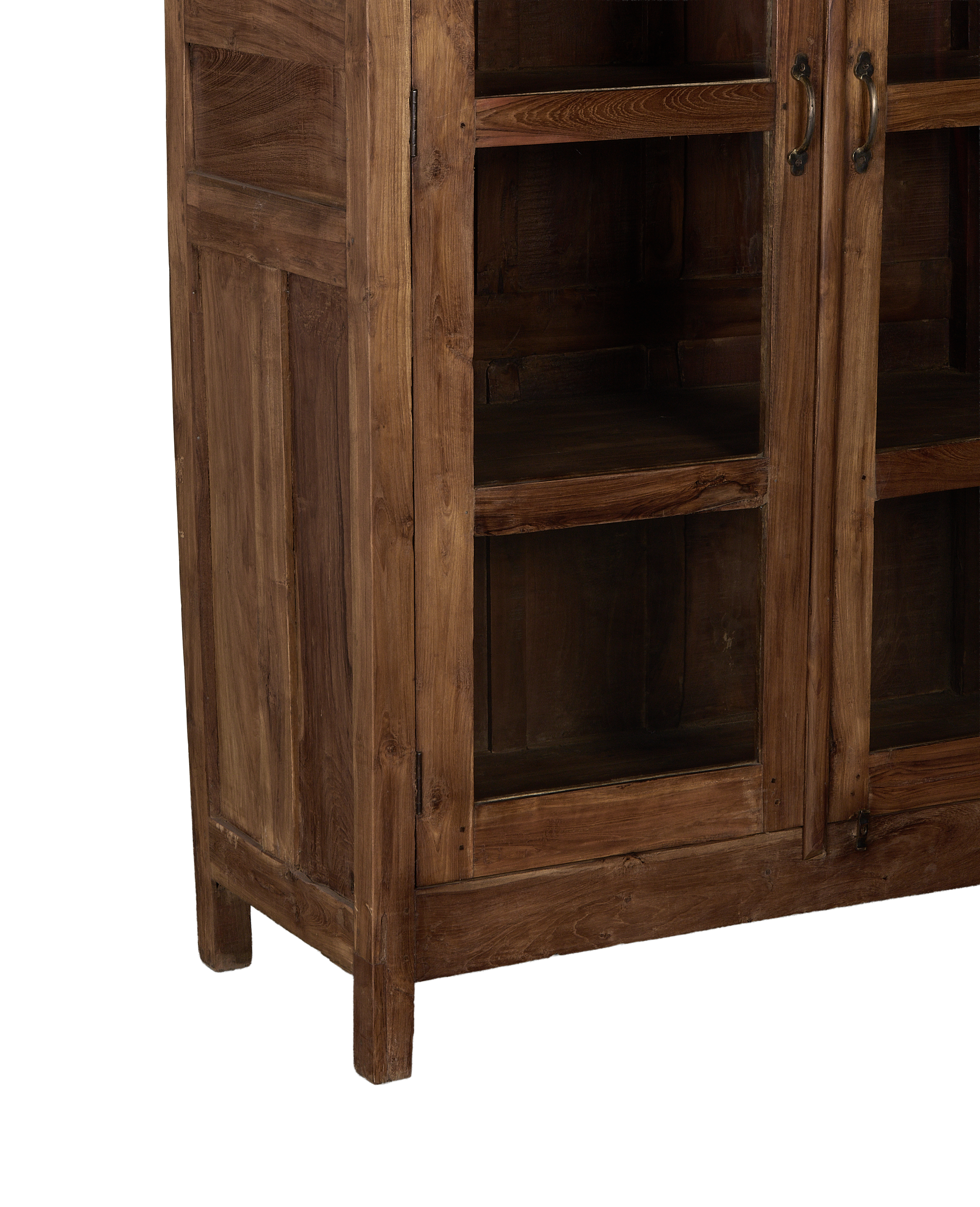Vintage Indian natural oak wood cabinet, rustic design, glass doors, and interior shelves.