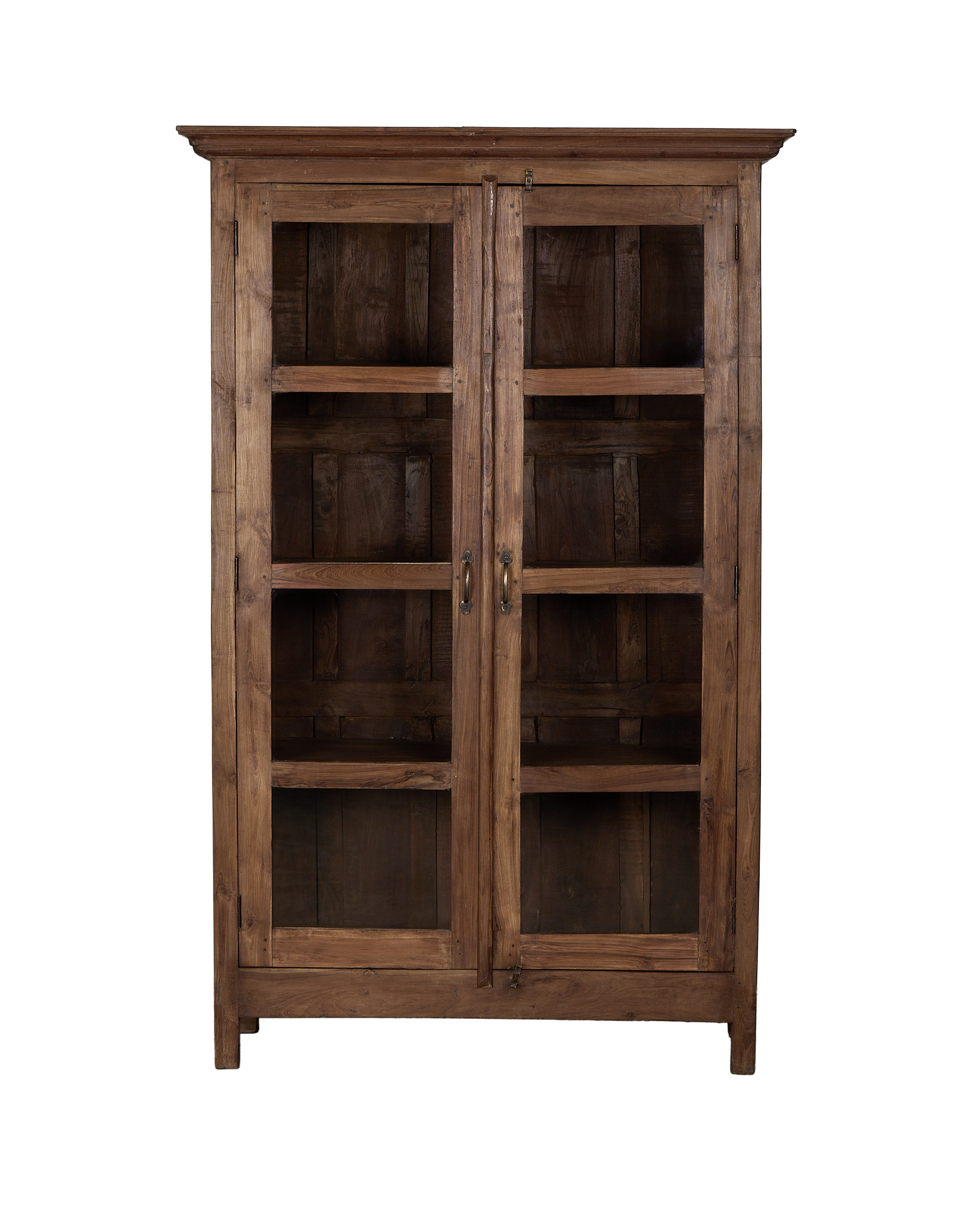 Vintage Indian oak wood display cabinet with glass doors and brass handles.