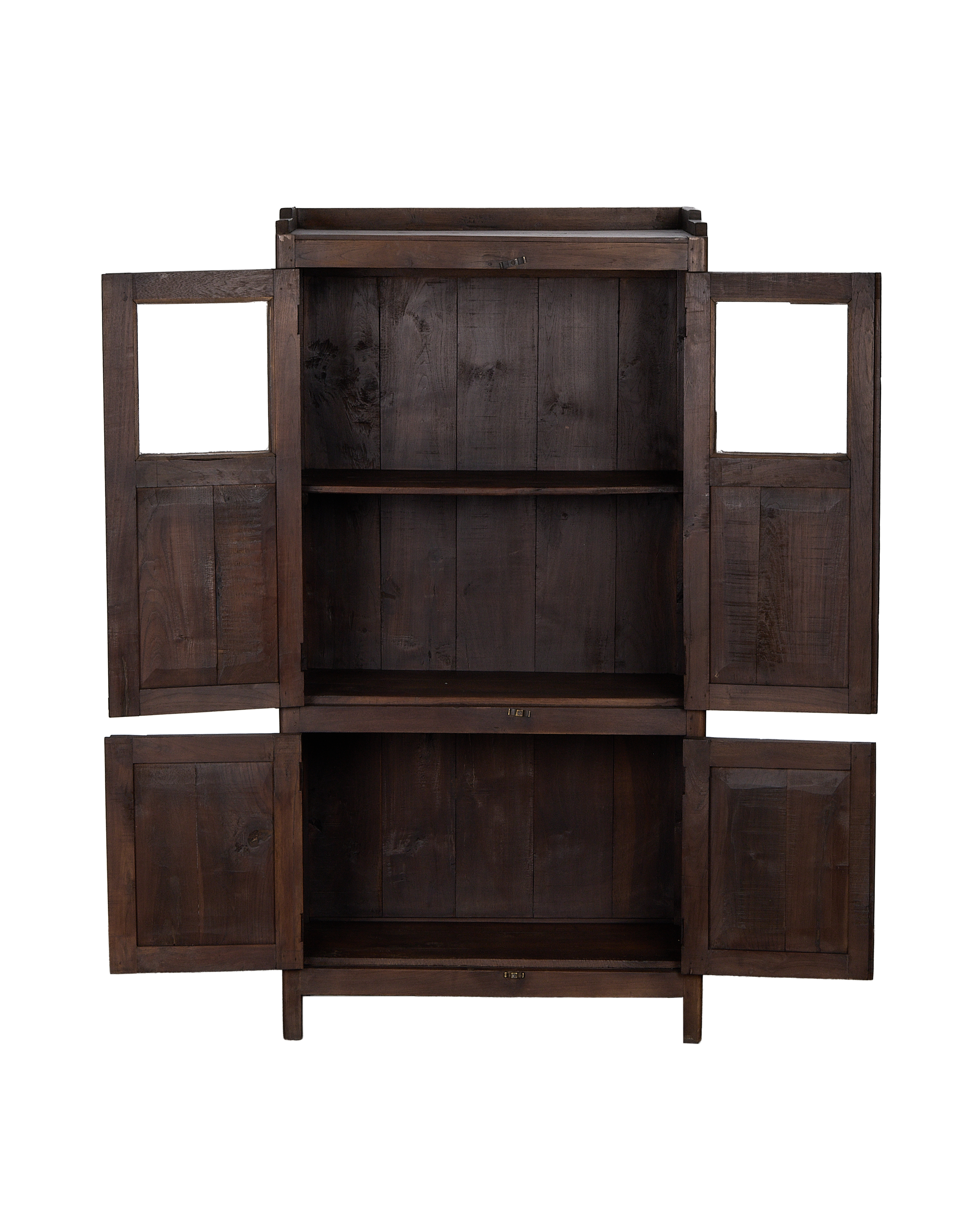 Open vintage Indian oak wood cabinet with multiple shelves and visible grain.