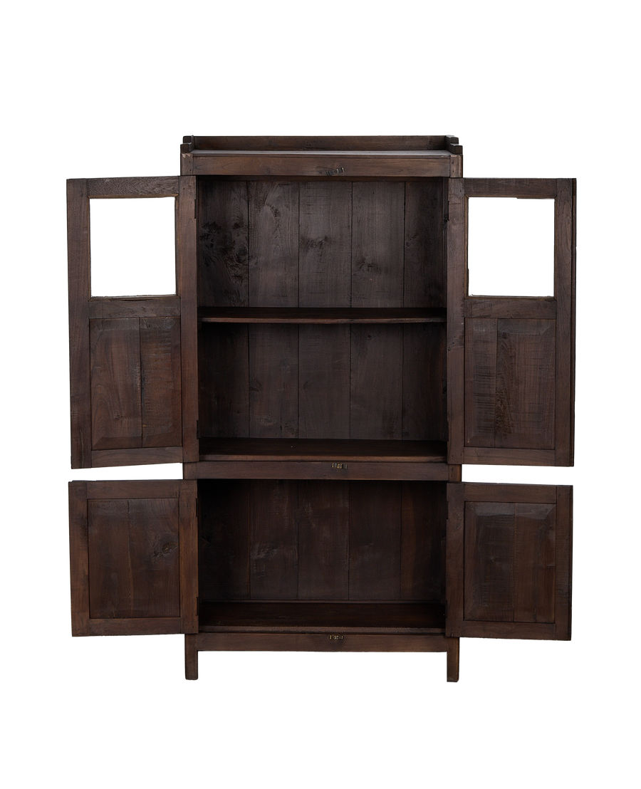 Open vintage Indian oak wood cabinet with multiple shelves and visible grain.