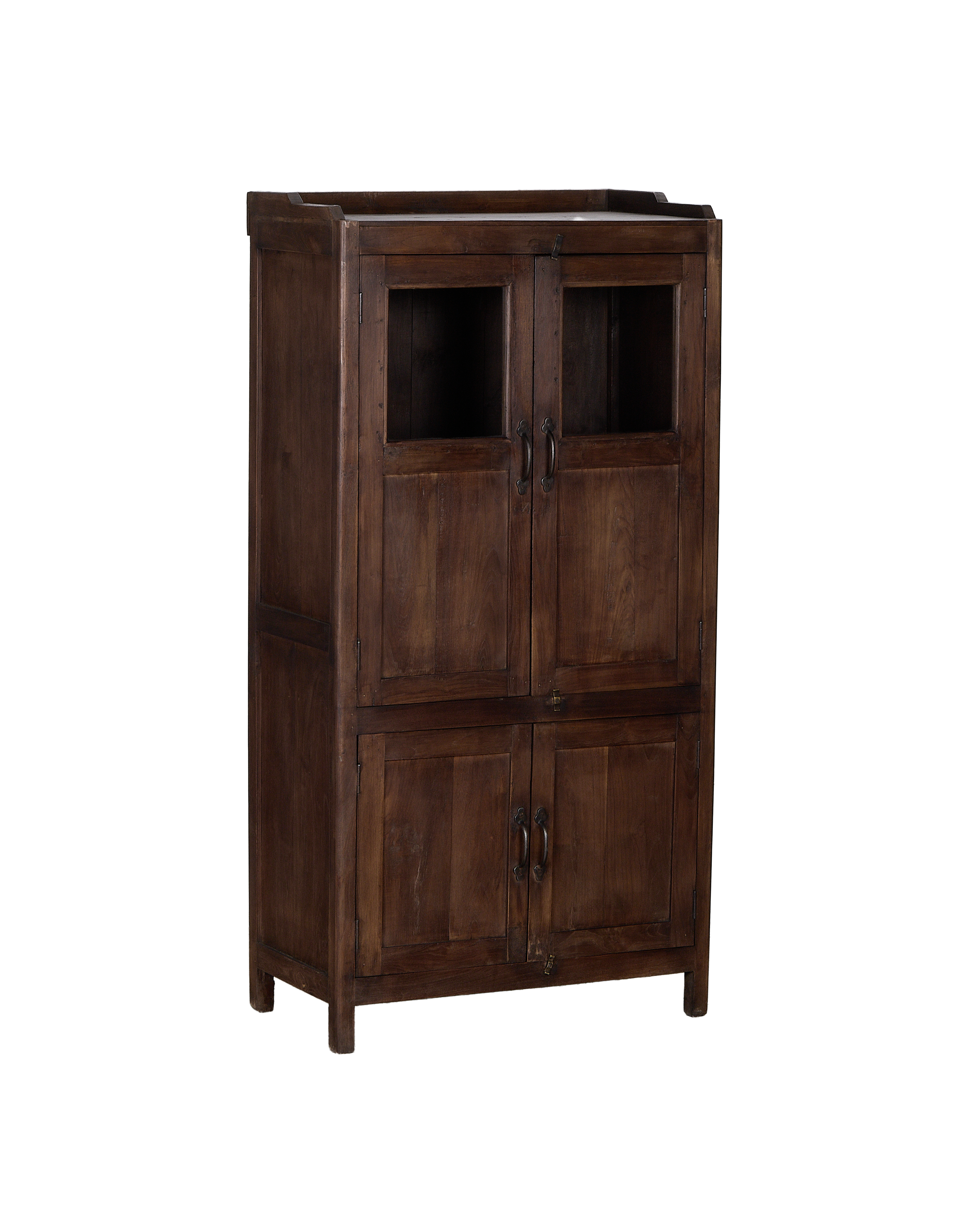 Vintage oak wood cabinet from India, showing closed glass-paneled top and solid bottom doors.