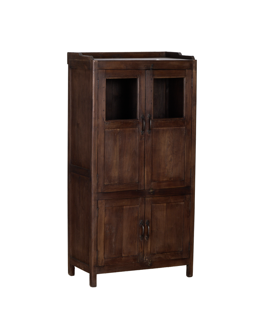 Vintage oak wood cabinet from India, showing closed glass-paneled top and solid bottom doors.