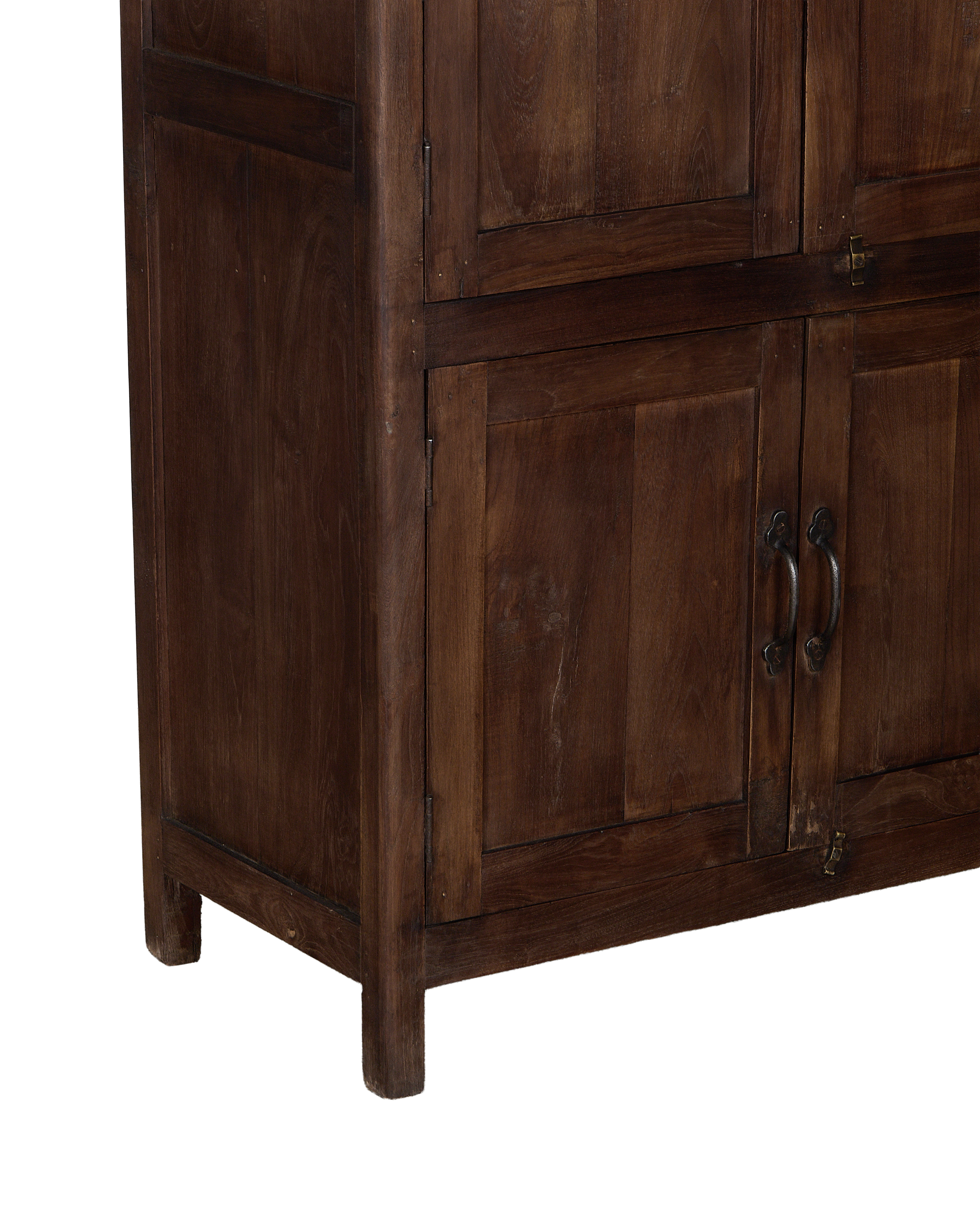 Vintage Indian oak cabinet, lower right section with visible natural wood grain and rustic hinge detail.
