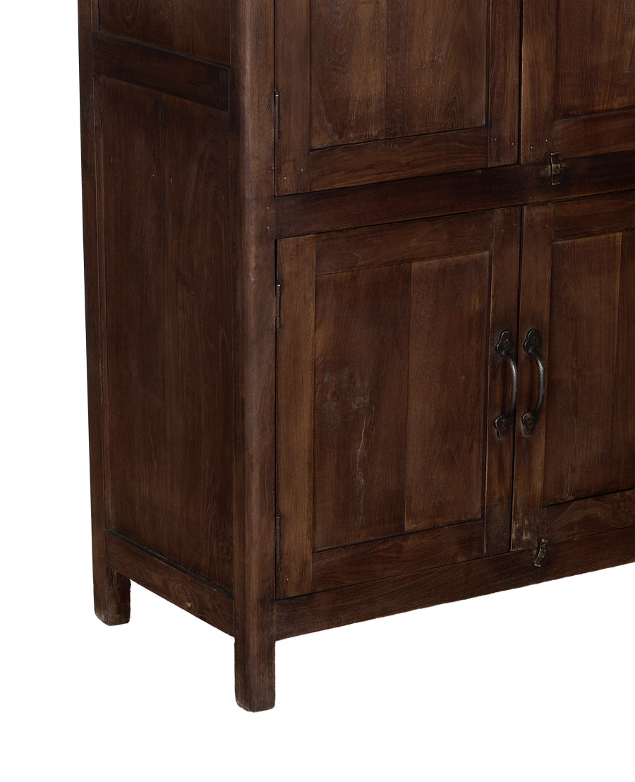 Vintage Indian oak cabinet, lower right section with visible natural wood grain and rustic hinge detail.