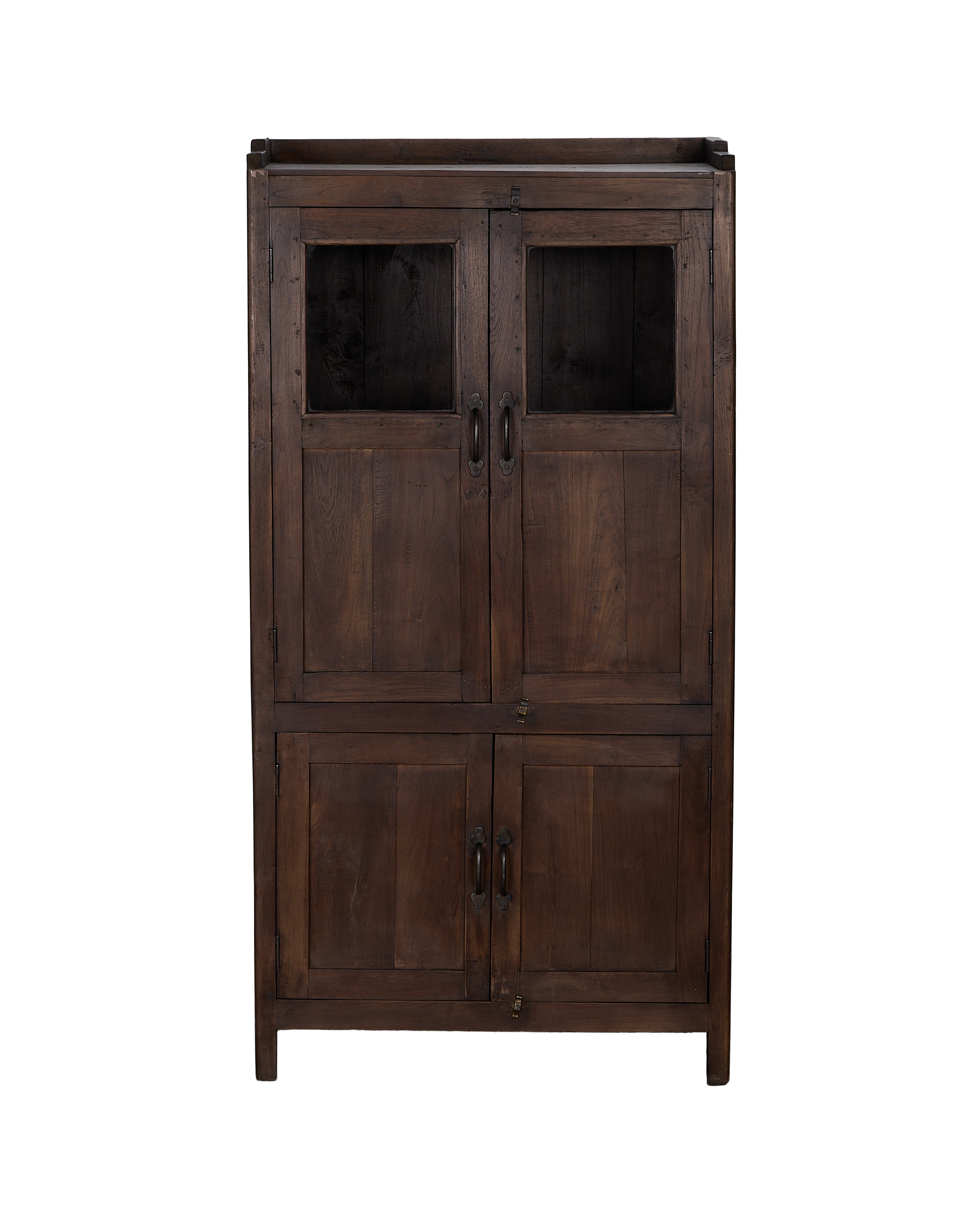 Vintage Indian oak cabinet, natural dark wood with glass panel doors, metal pulls.