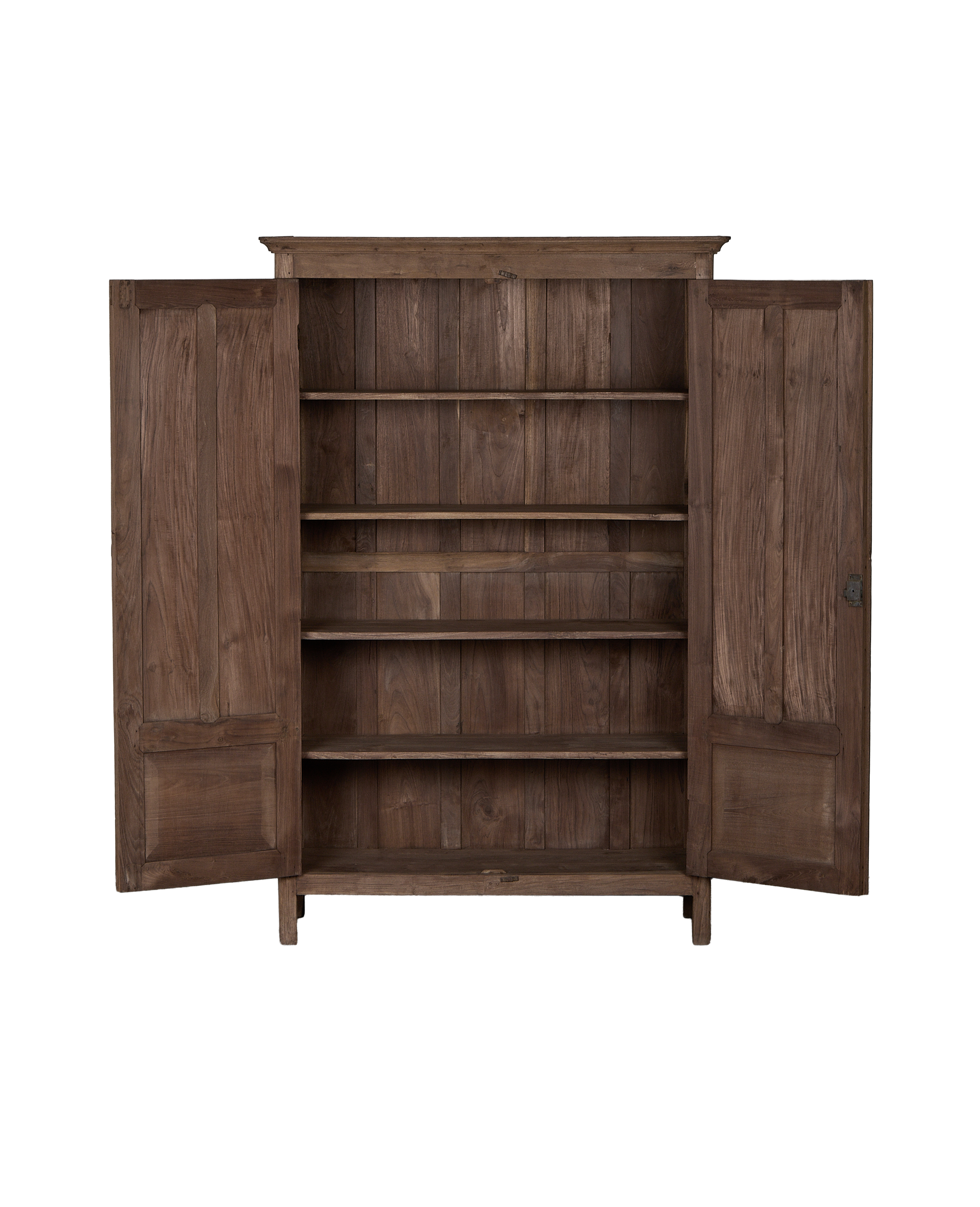 Vintage Indian oak cabinet, doors open revealing natural distressed wood shelves.