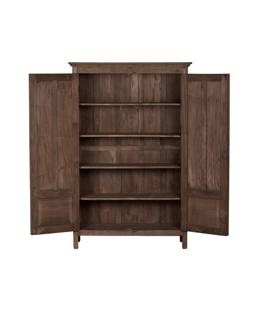 Vintage Indian oak cabinet, doors open revealing natural distressed wood shelves.
