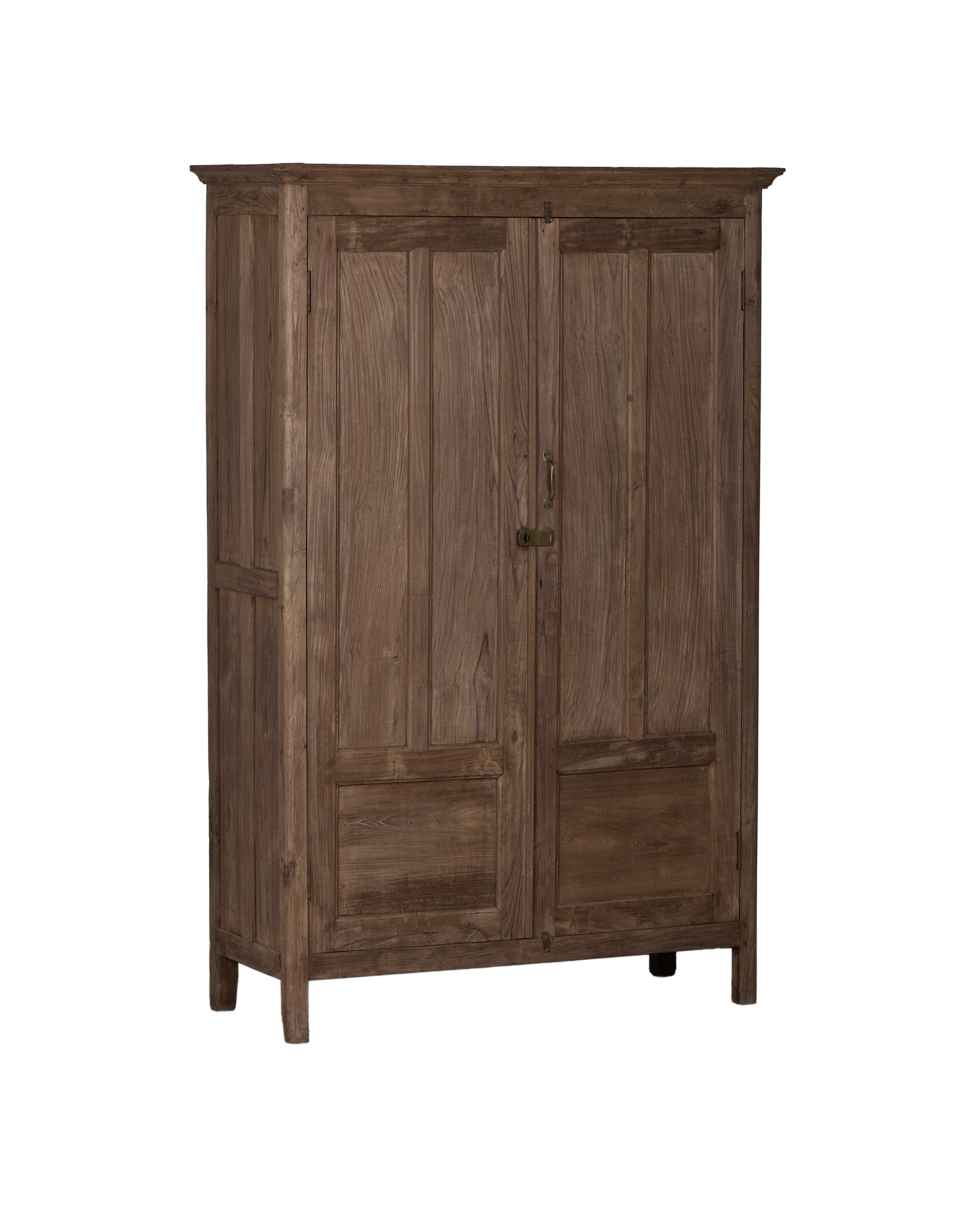 Vintage Indian natural oak cabinet, 3/4 angle showing distressed wood and brass latch details.