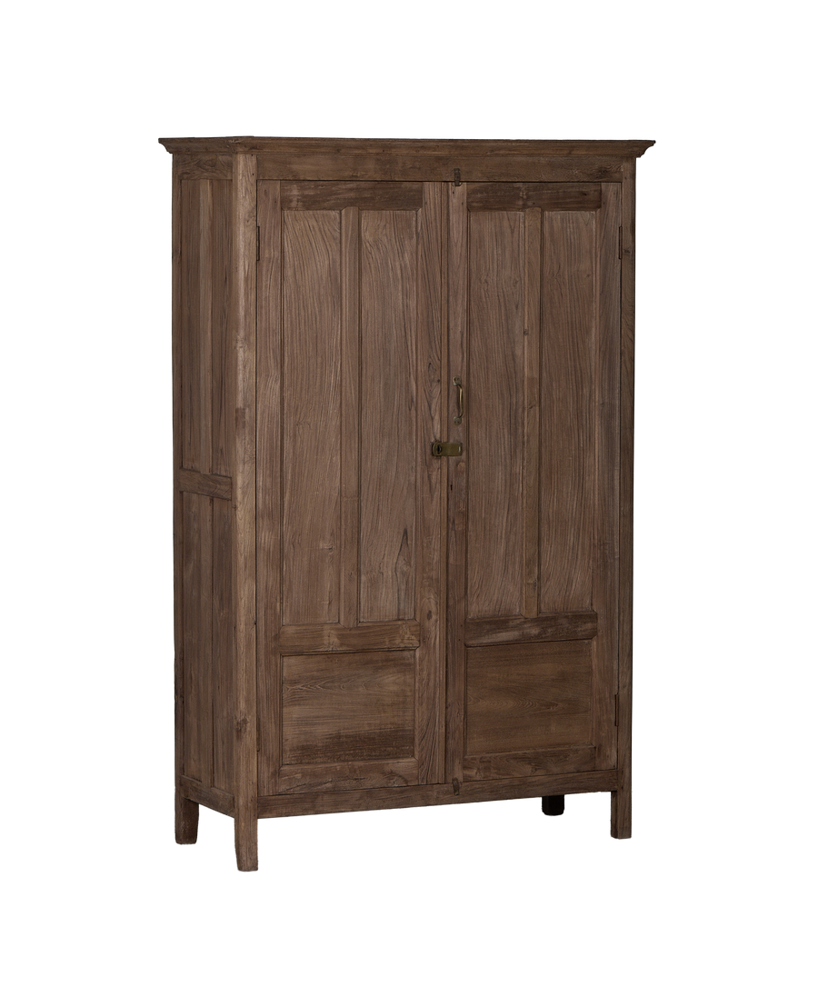 Vintage Indian natural oak cabinet, 3/4 angle showing distressed wood and brass latch details.