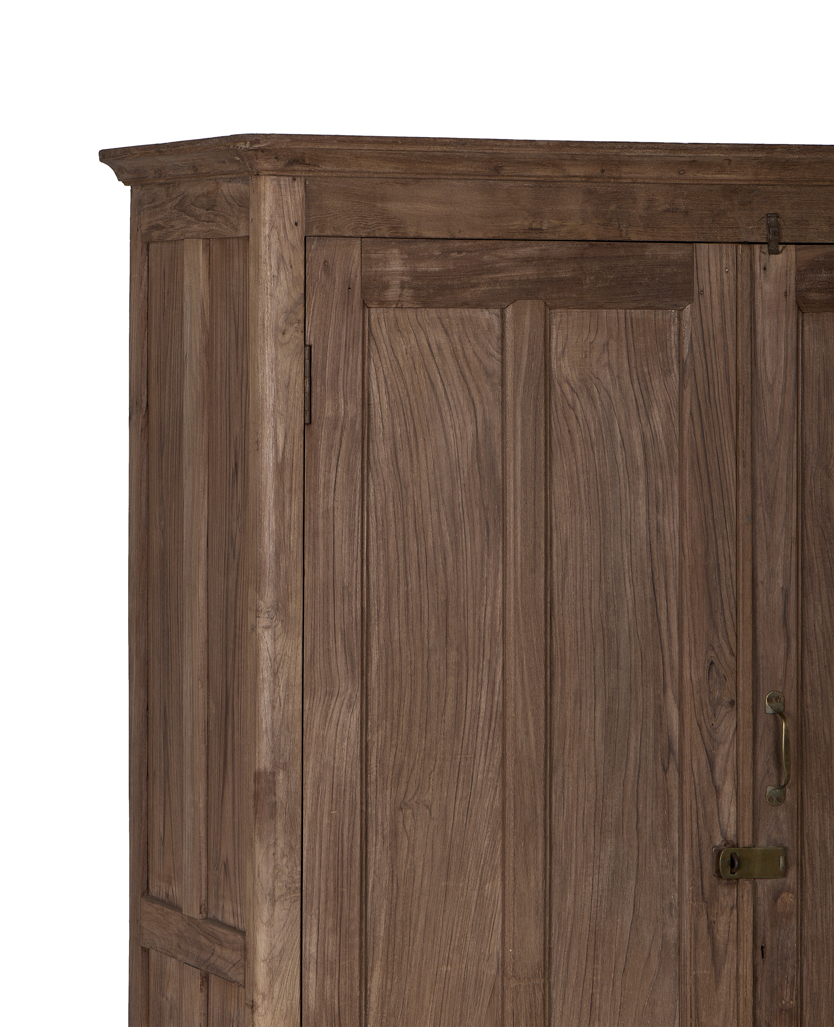 Vintage Indian oak cabinet details: natural wood grain, ornate top trim, and brass handle.