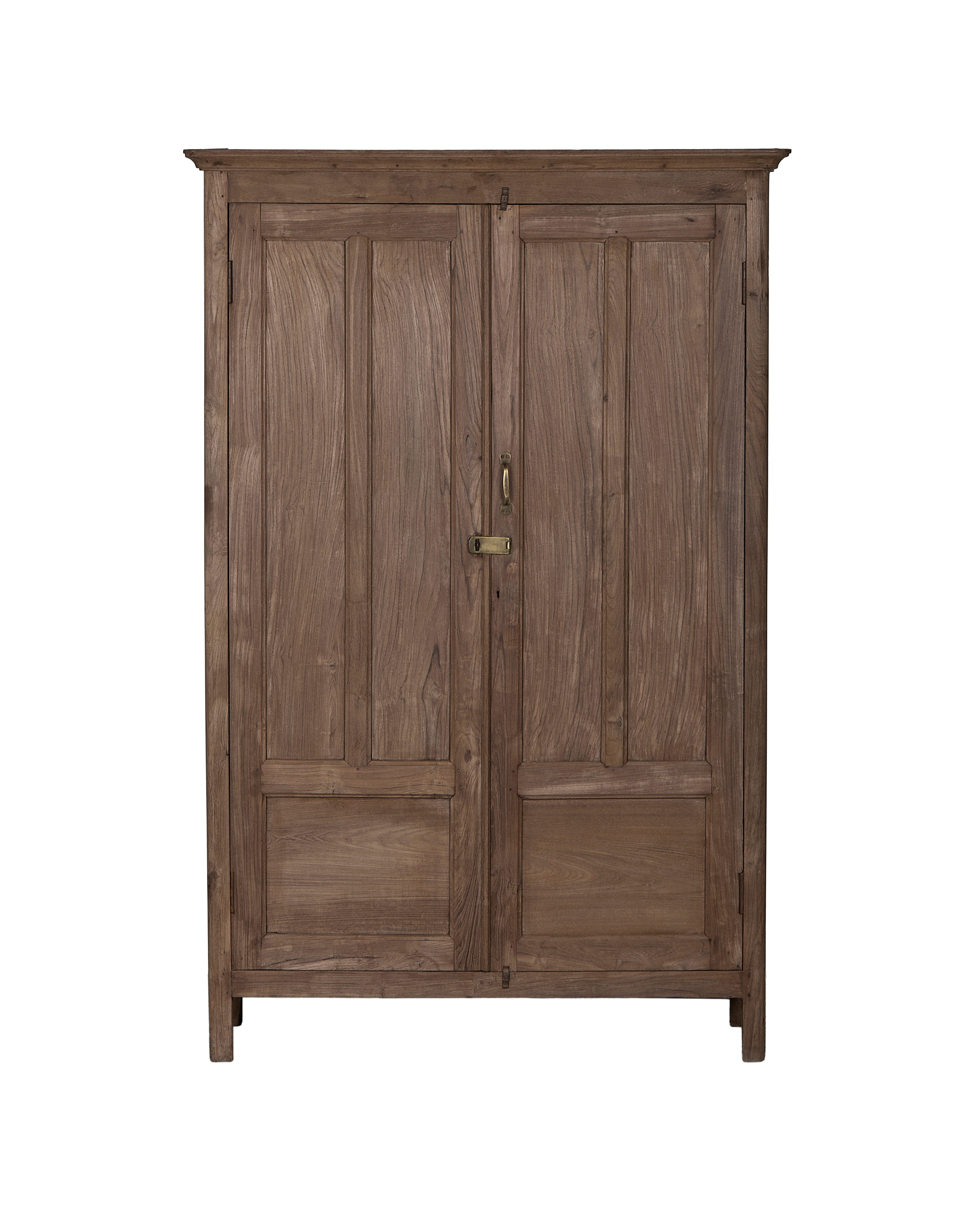 Vintage oak wood cabinet from India, closed two doors, with brass latch and pull.