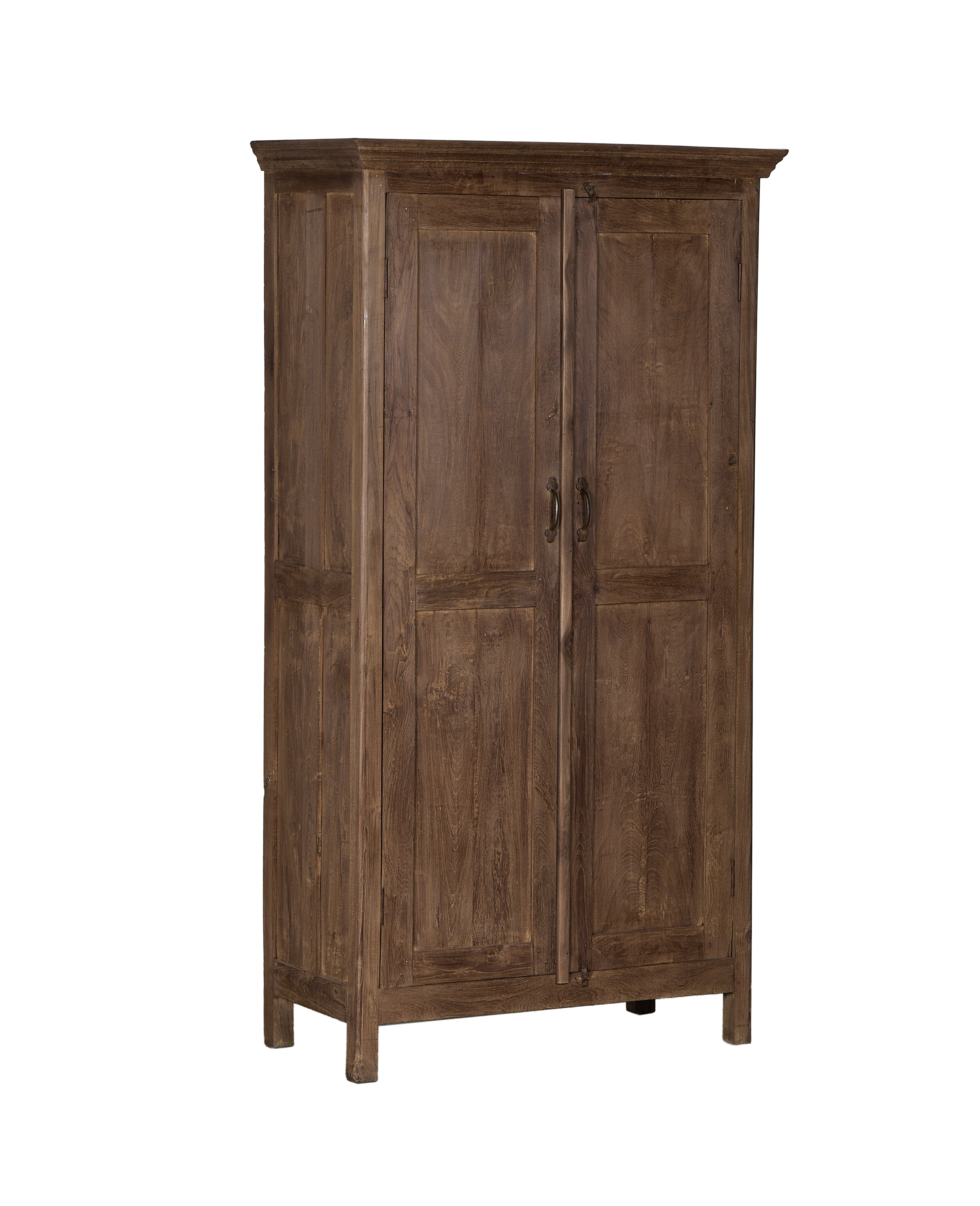 Vintage Indian oak cabinet, full frontal view, showcasing natural wood grain and handles.