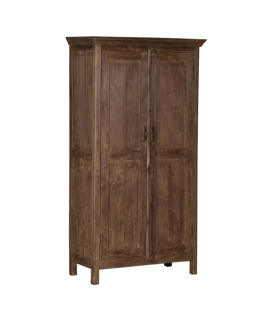Vintage Indian oak cabinet, full frontal view, showcasing natural wood grain and handles.