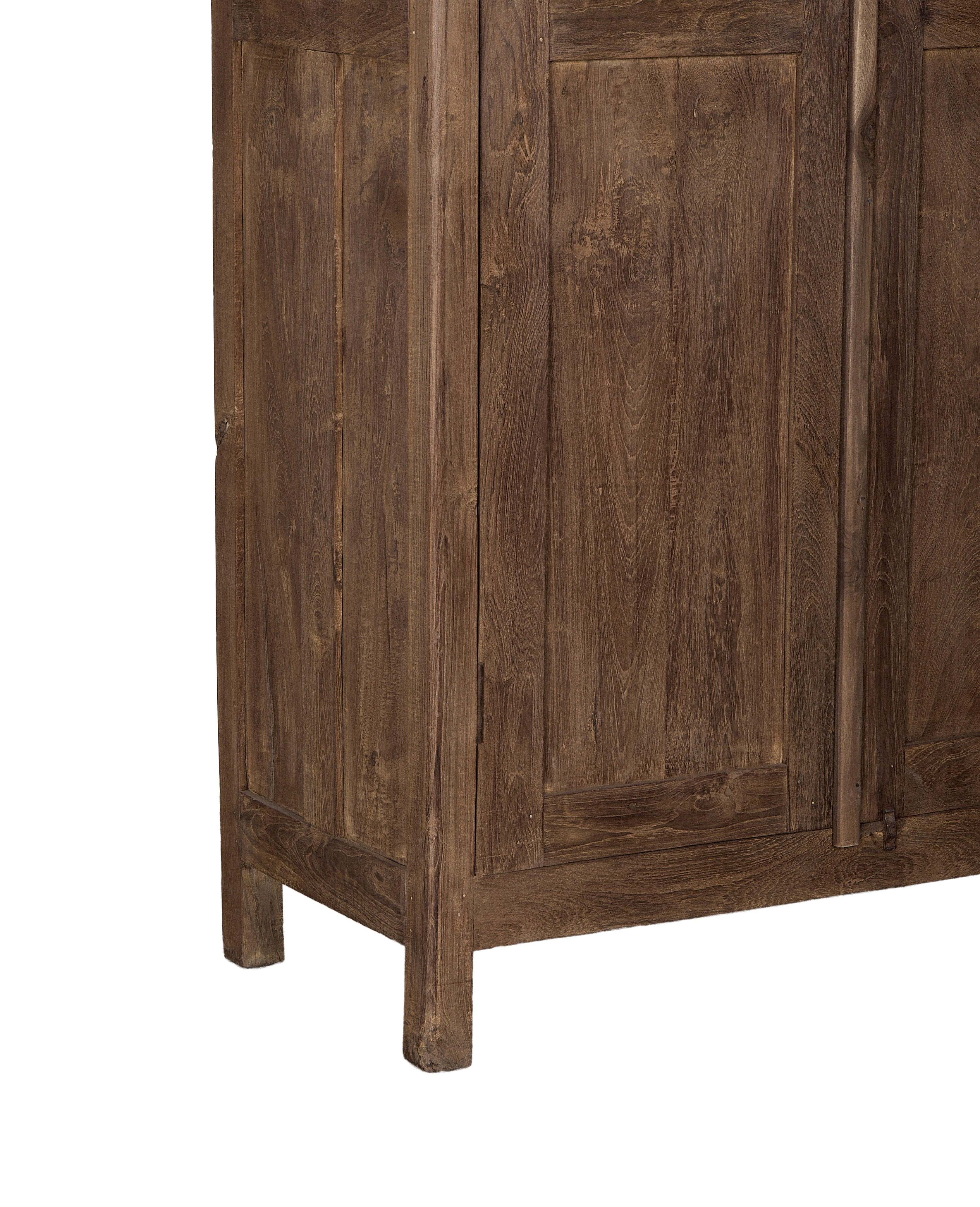 Vintage oak cabinet, India, showing sturdy wood leg and panel construction.