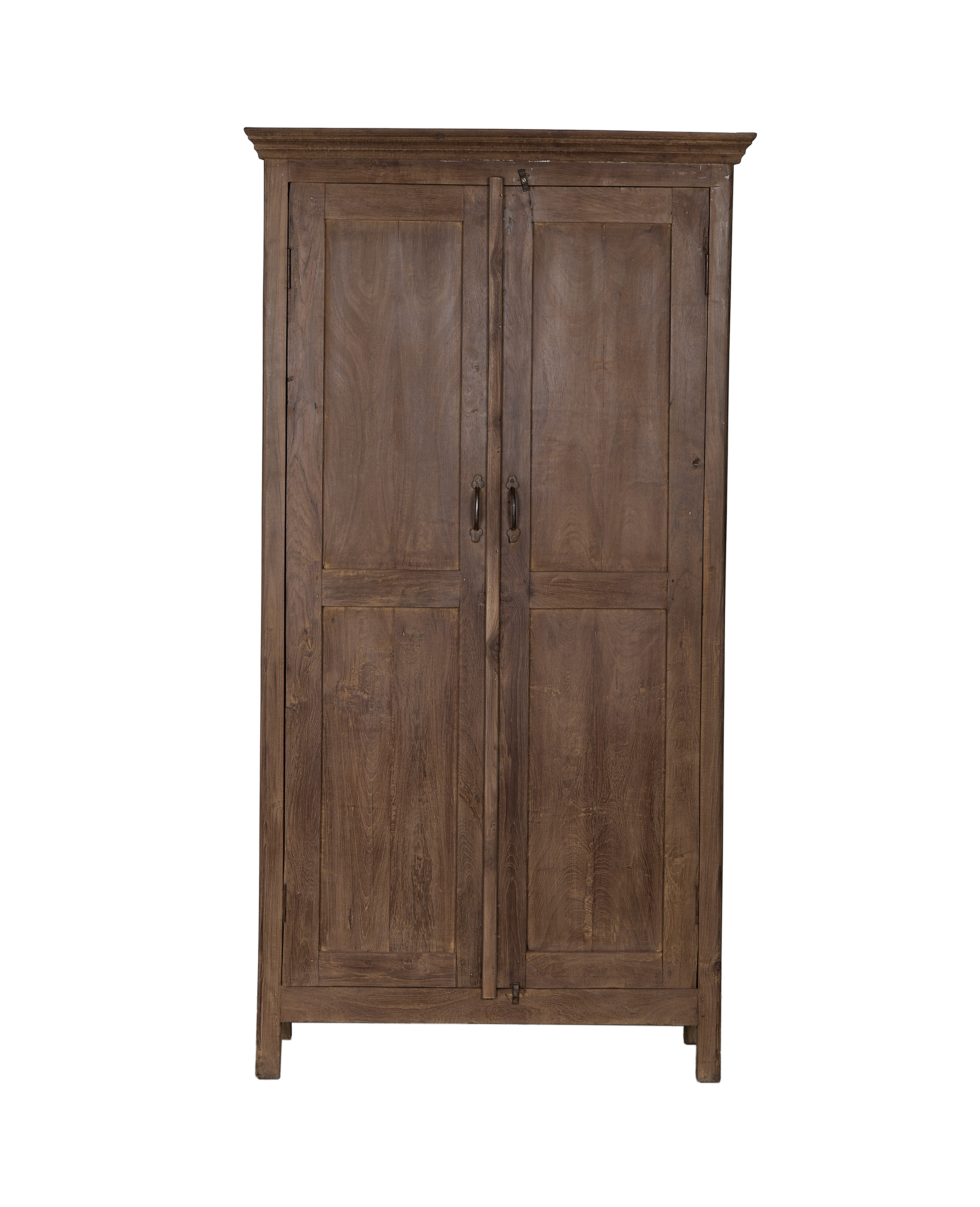 Vintage Indian oak wood cabinet, natural finish, featuring two paneled doors and antique handles.