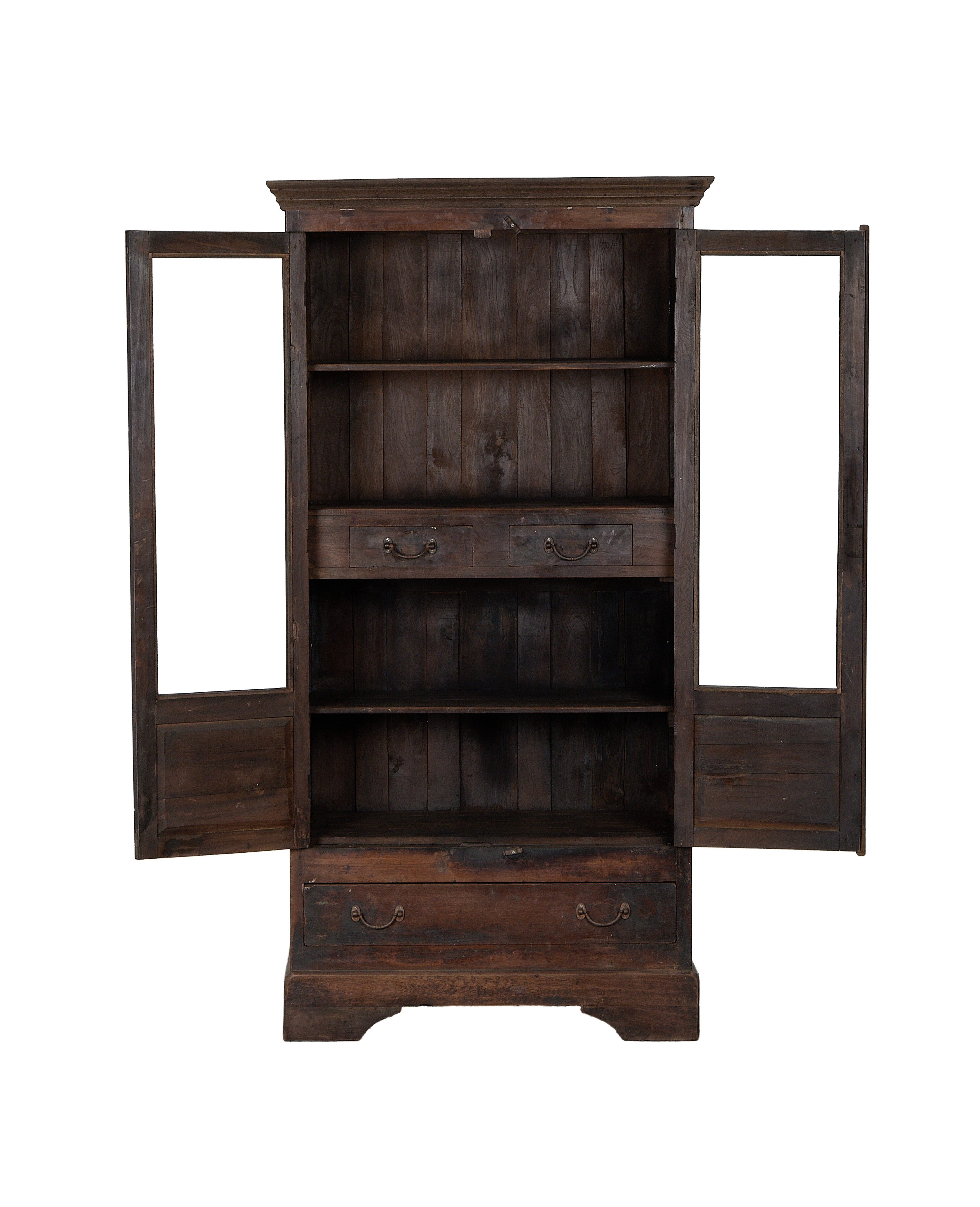 Open dark stained oak vintage Indian cabinet with interior shelves and visible drawers.