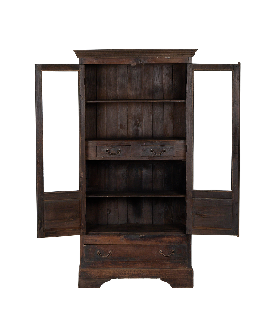 Open dark stained oak vintage Indian cabinet with interior shelves and visible drawers.