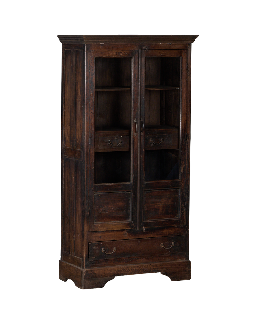 Vintage Indian stained oak cabinet, detailed view of glass doors, shelves, and lower drawers.