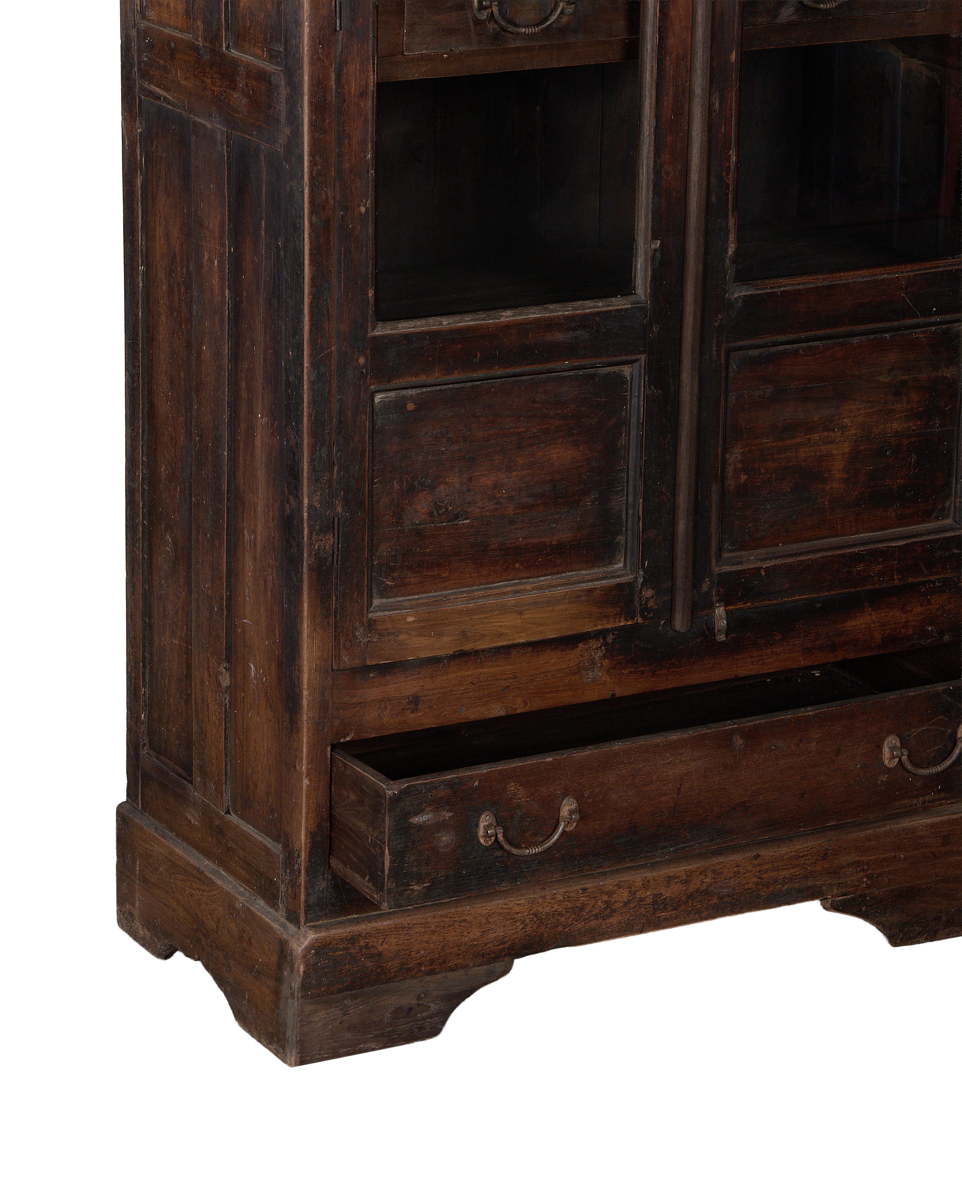 Vintage Indian oak cabinet, dark stained wood with an open drawer and visible antique brass pull.