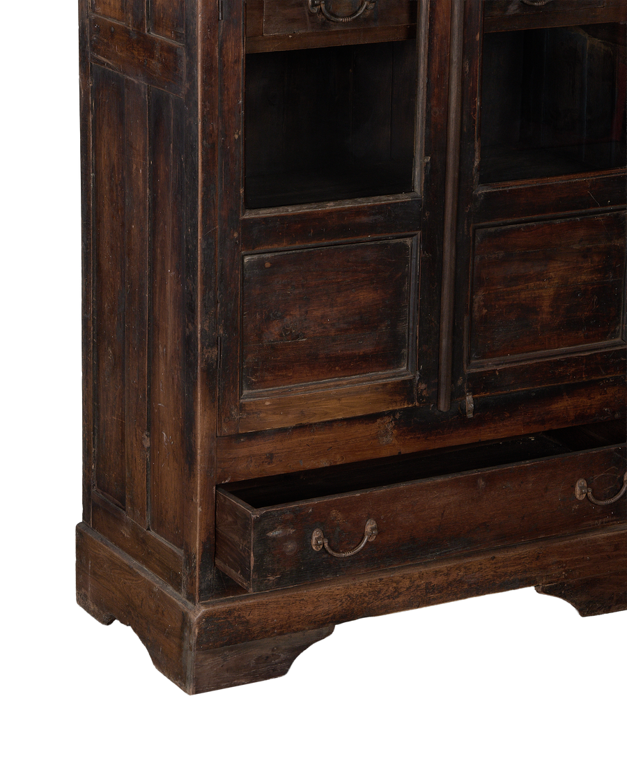Vintage Indian oak cabinet, dark stained wood with an open drawer and visible antique brass pull.