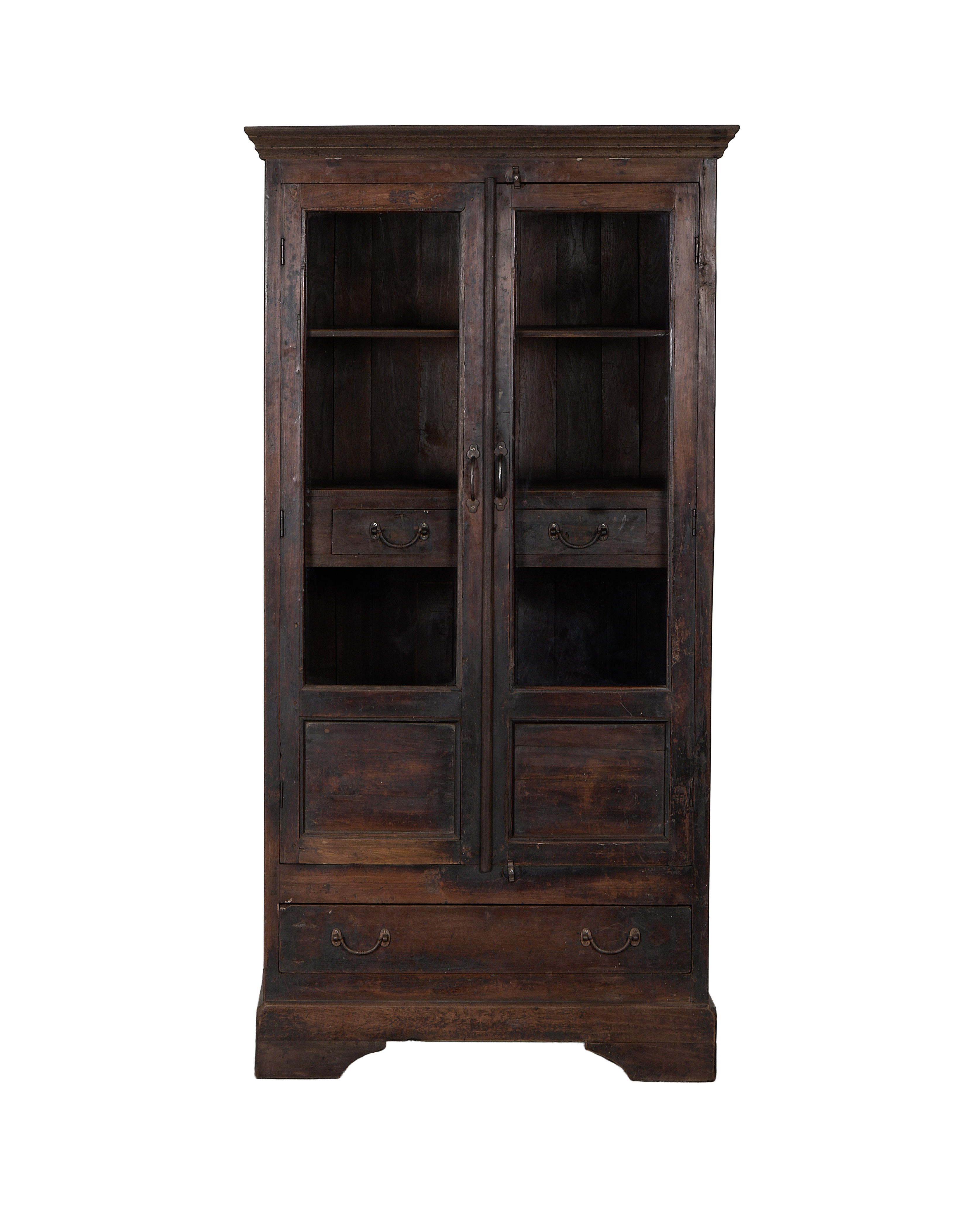 Vintage Indian oak wood cabinet, stained dark with glass doors and two drawers.