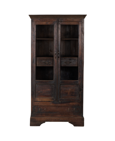 Vintage Indian oak wood cabinet, stained dark with glass doors and two drawers.