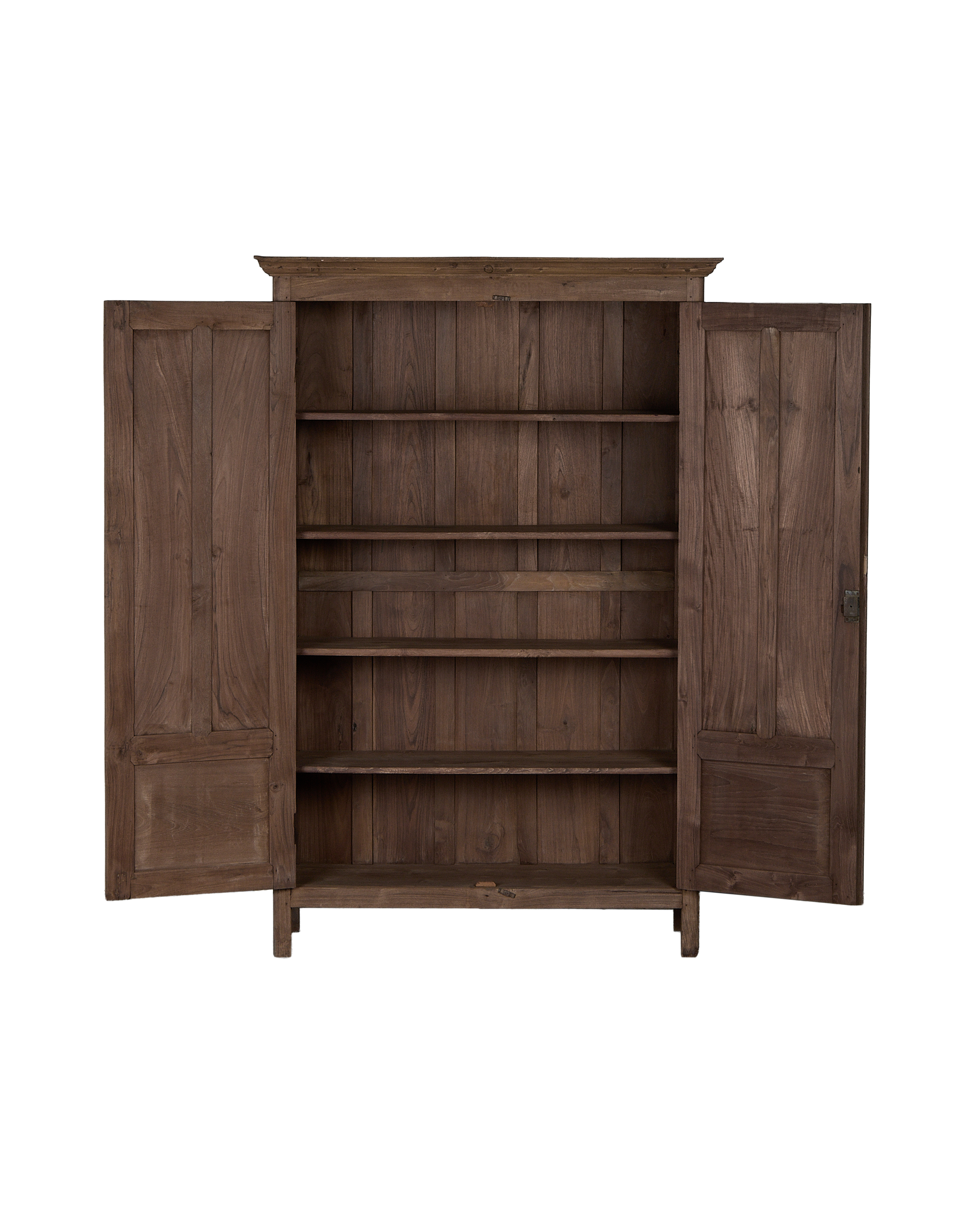 Open vintage Indian oak wood cabinet, showing natural rustic interior shelves.