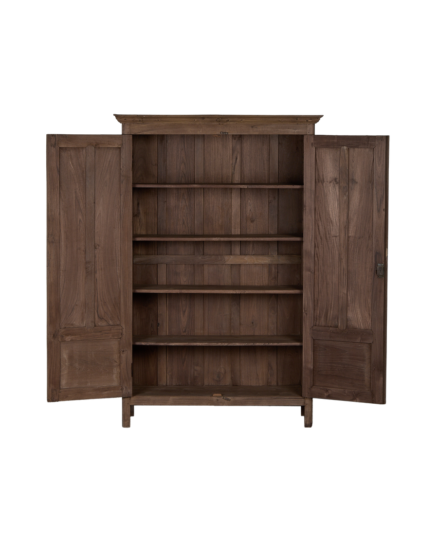 Open vintage Indian oak wood cabinet, showing natural rustic interior shelves.