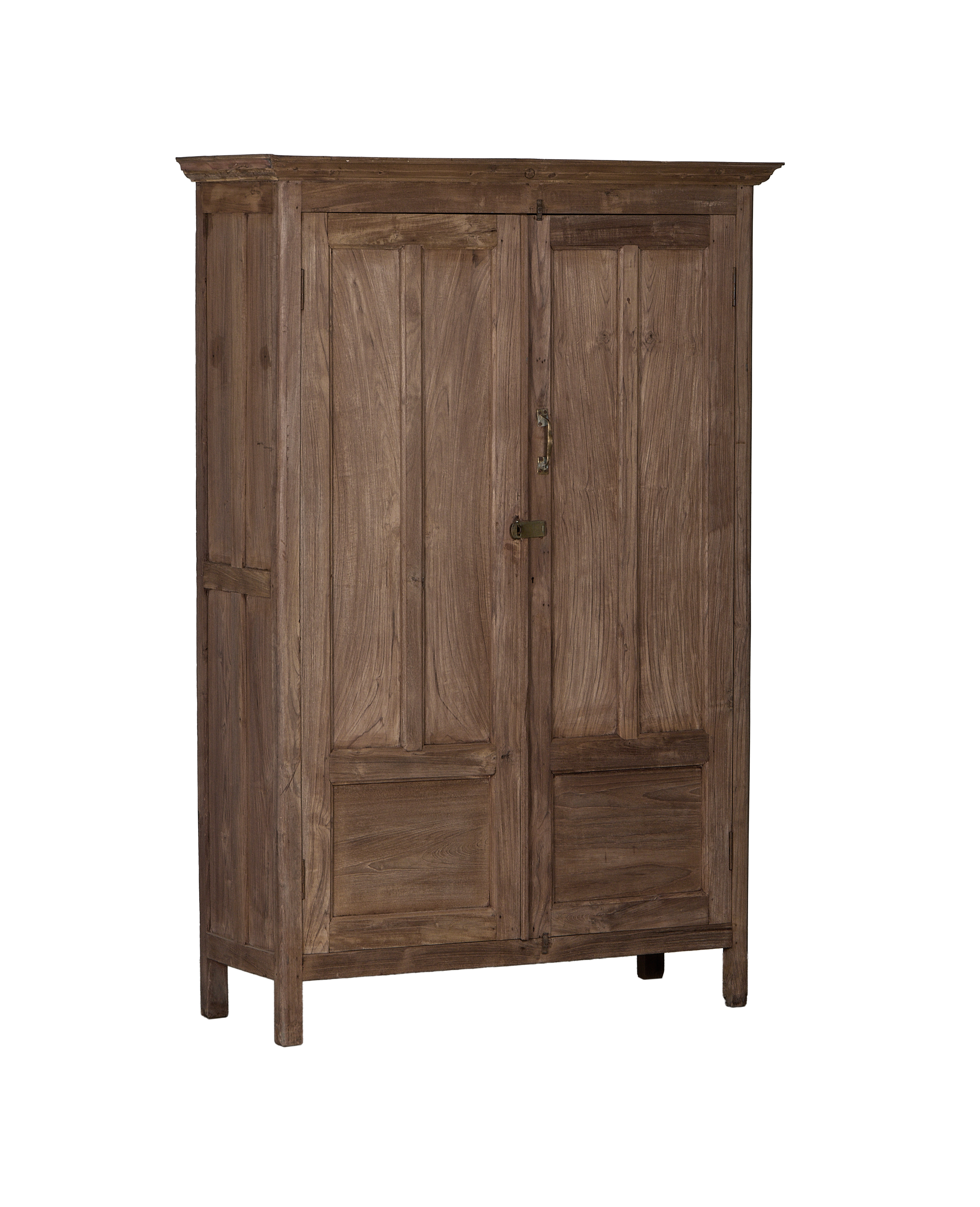 Vintage Indian Oak cabinet, natural wood grain, close-up of brass latch detail.