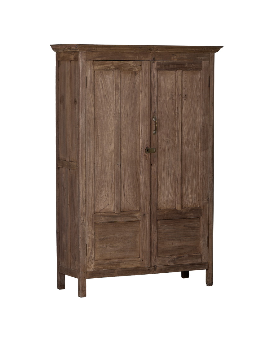 Vintage Indian Oak cabinet, natural wood grain, close-up of brass latch detail.