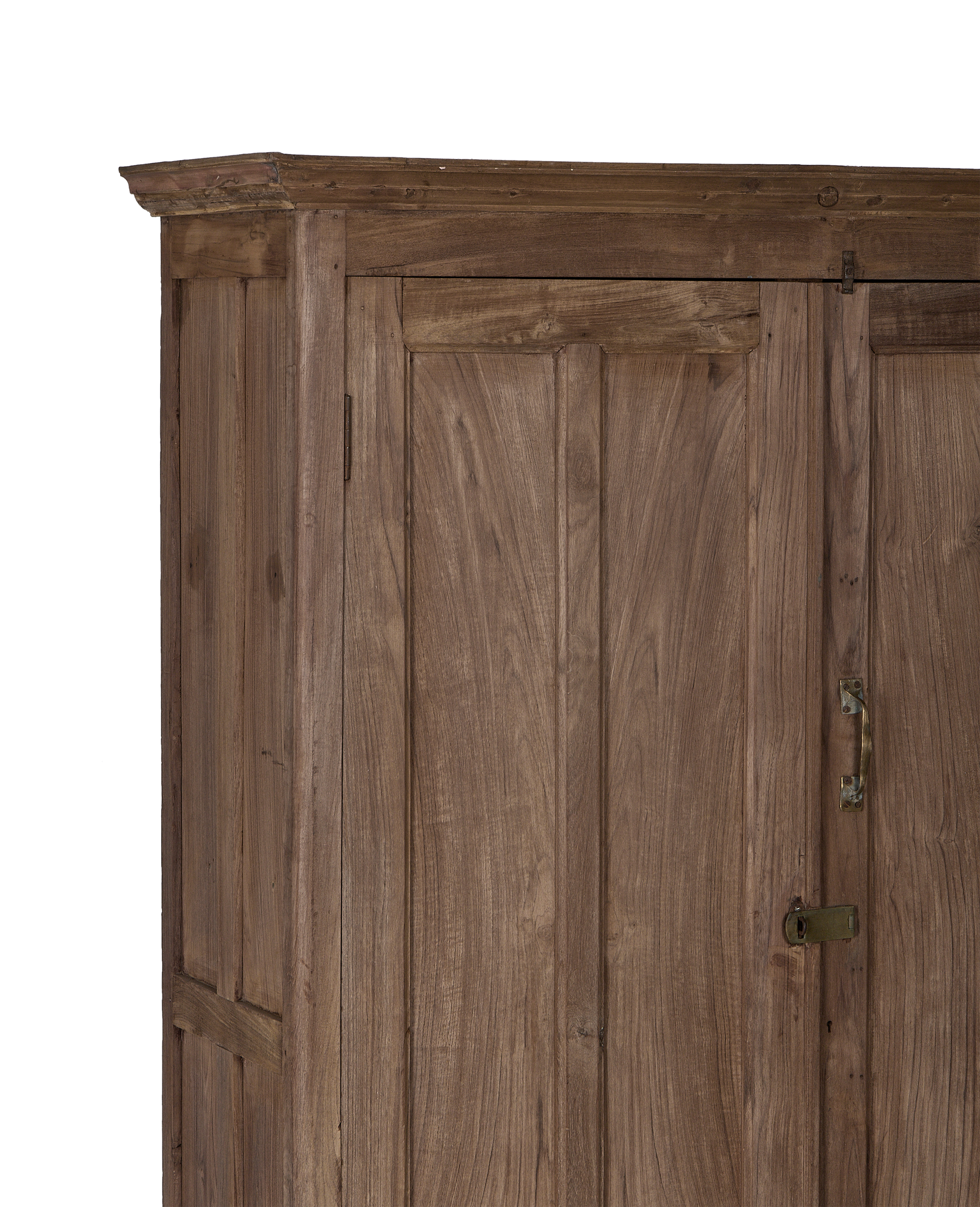 Vintage OAK wood cabinet's natural grain and distressed brass handle from India.