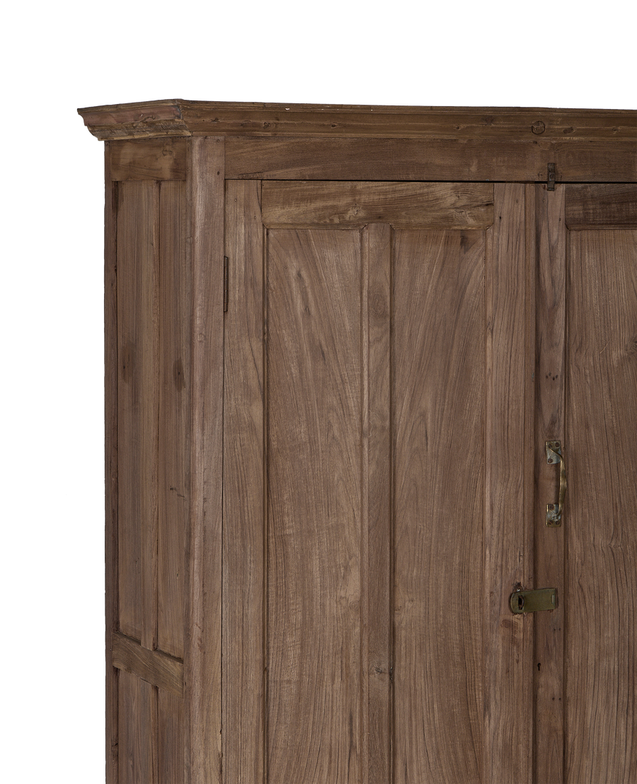 Vintage OAK wood cabinet's natural grain and distressed brass handle from India.