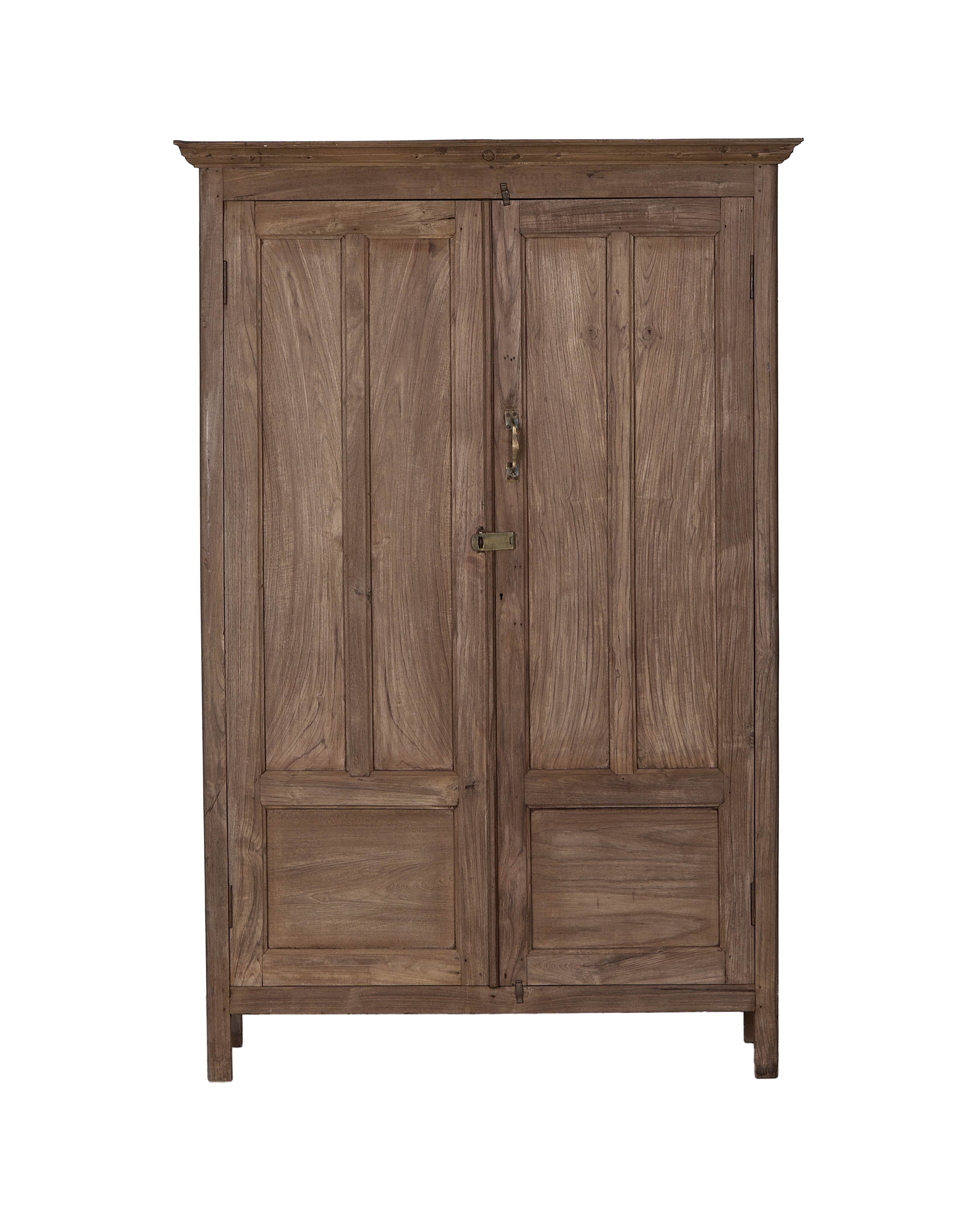 Vintage Indian oak cabinet, natural wood with two paneled doors and brass hardware.