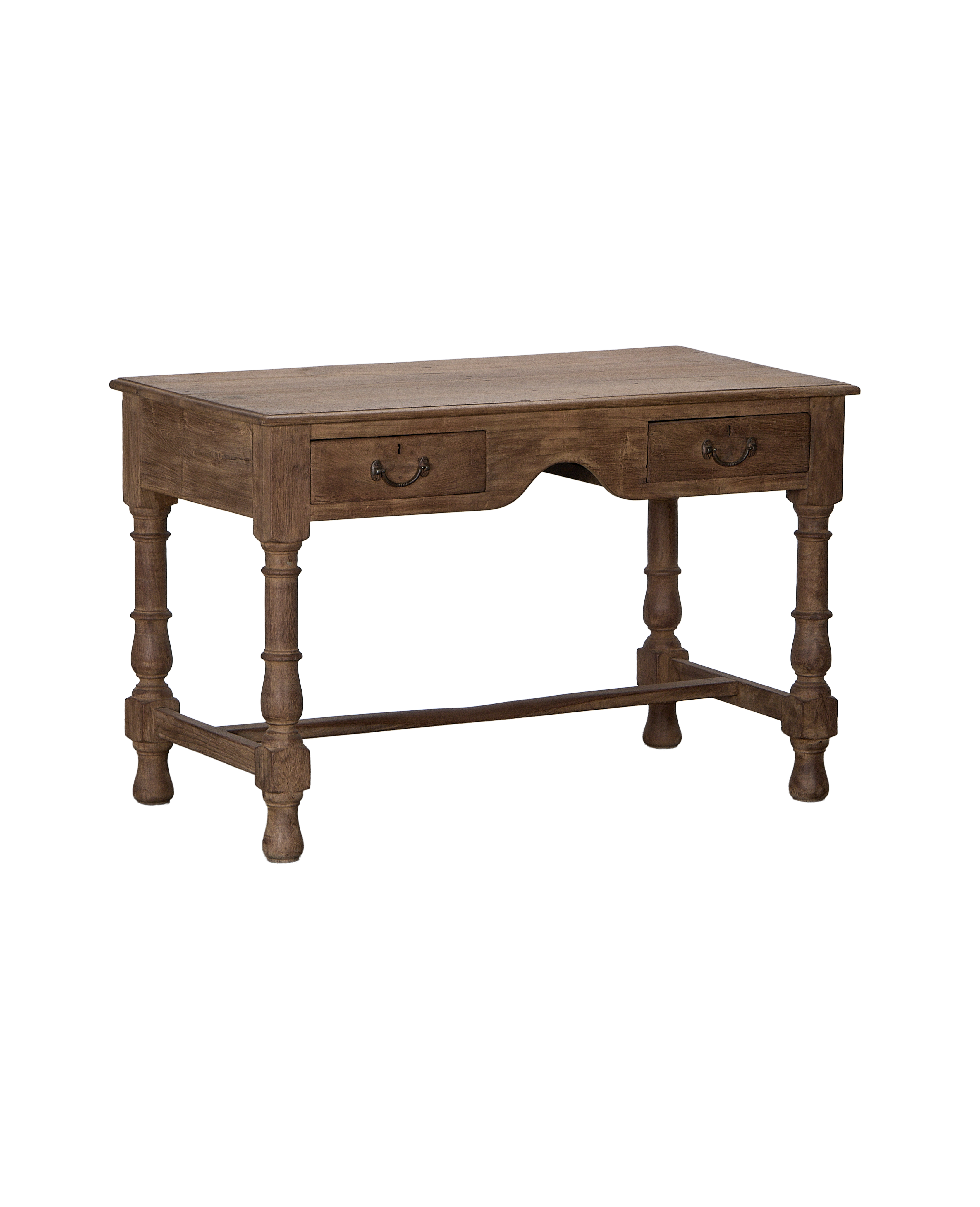 Vintage natural oak desk, angled front-right view, showing curved apron and drawer pulls.