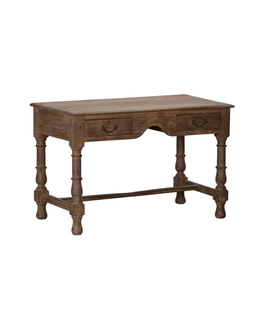 Vintage natural oak desk, angled front-right view, showing curved apron and drawer pulls.