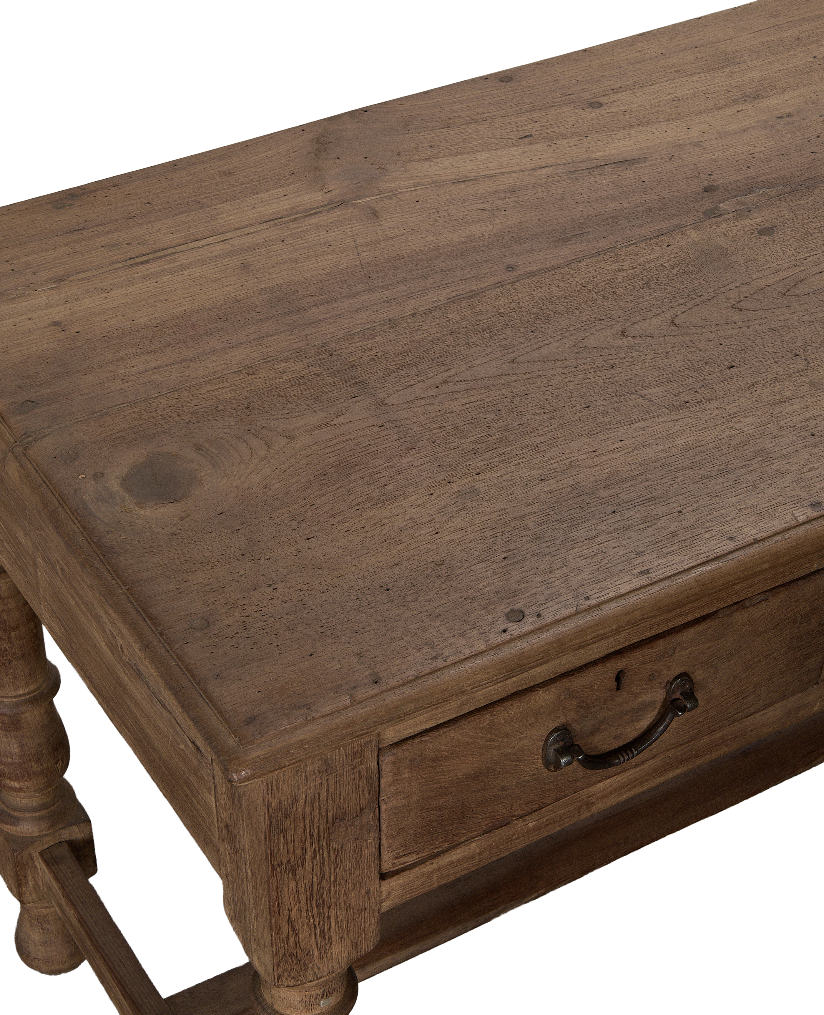 Vintage Indian oak desk drawer, natural wood grain with antique dark hardware.