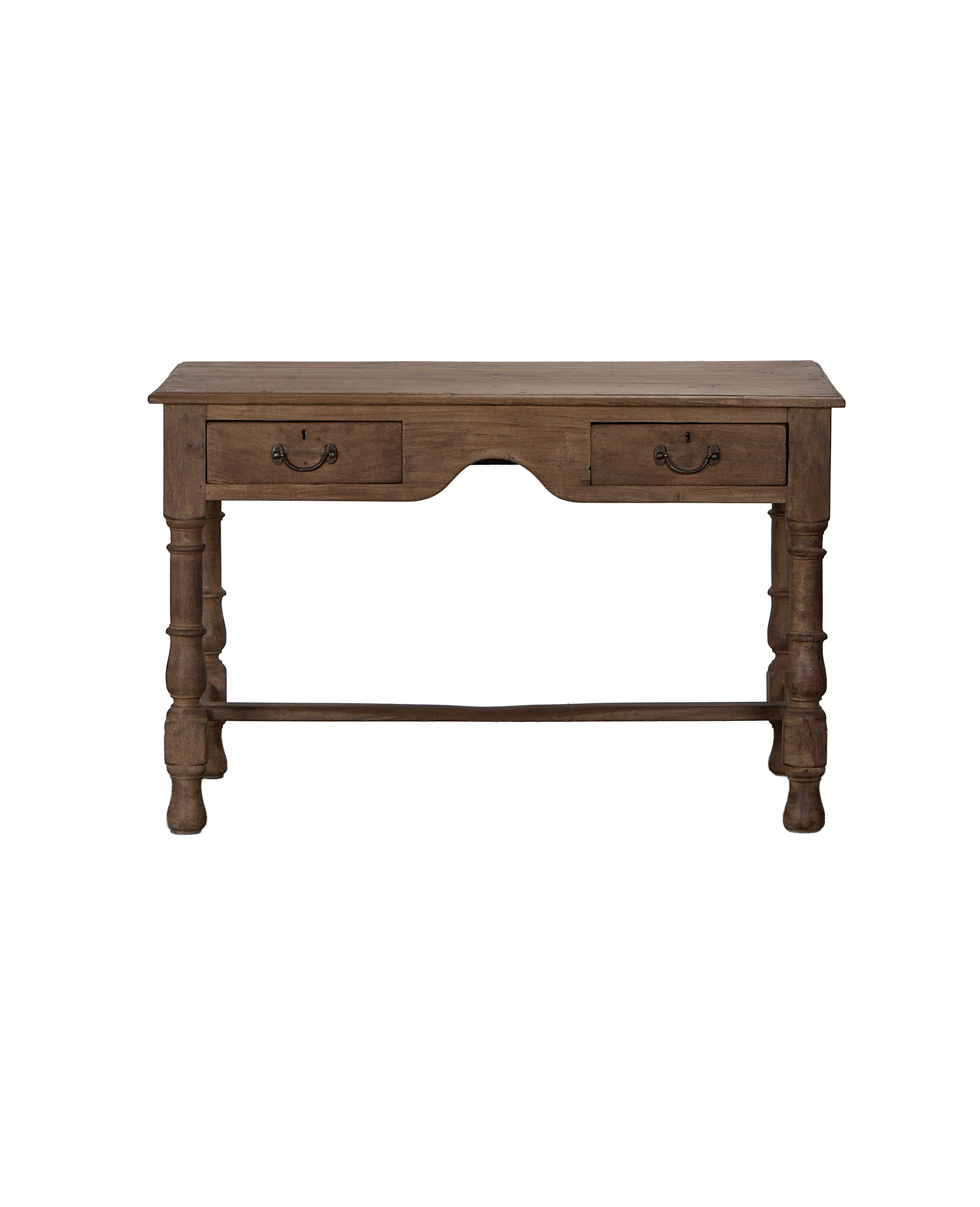 Vintage Indian oak desk with natural finish, two drawers, and turned legs.