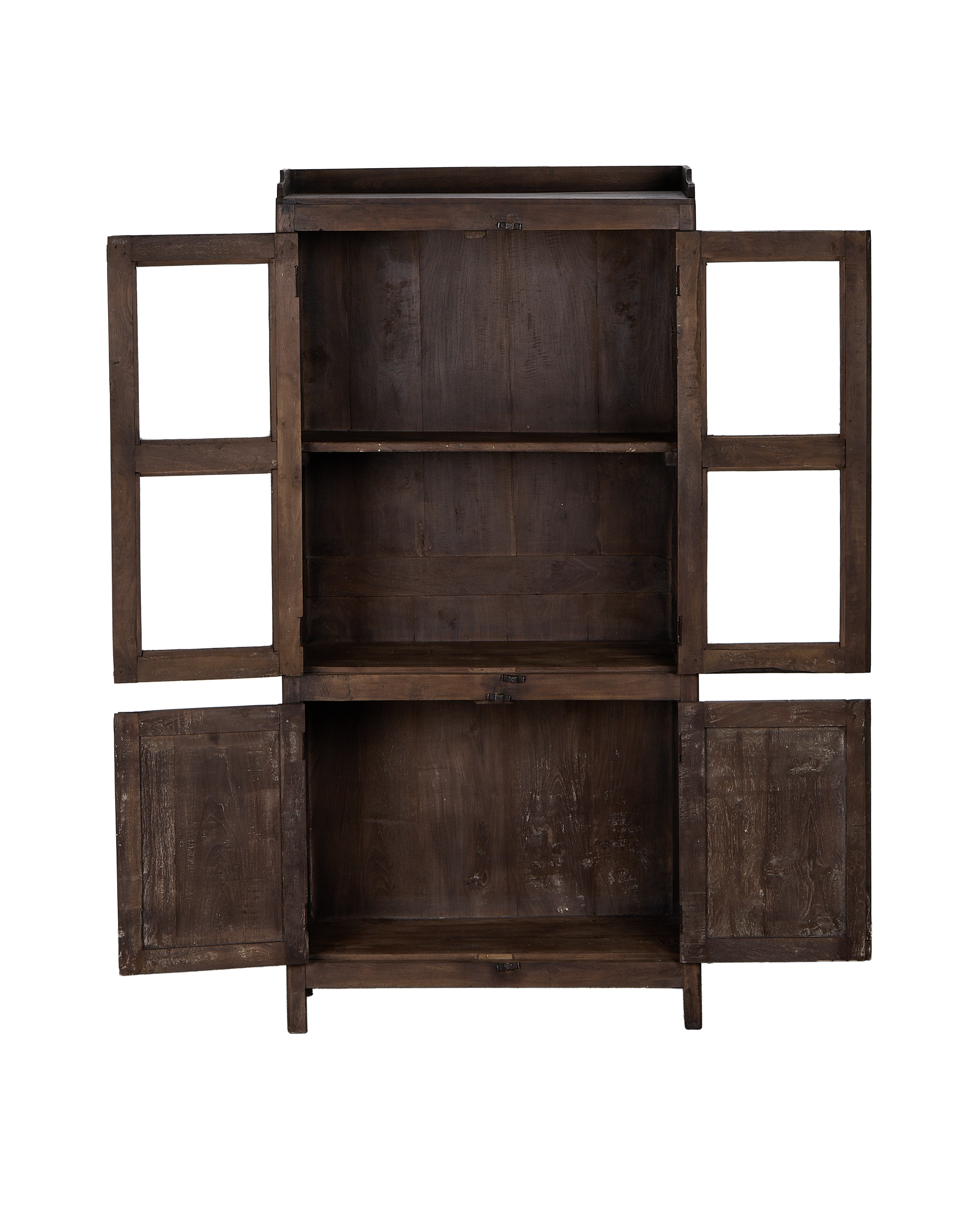 Vintage Indian oak wood cabinet, rustic dark finish, with all doors open, showing interior shelves.