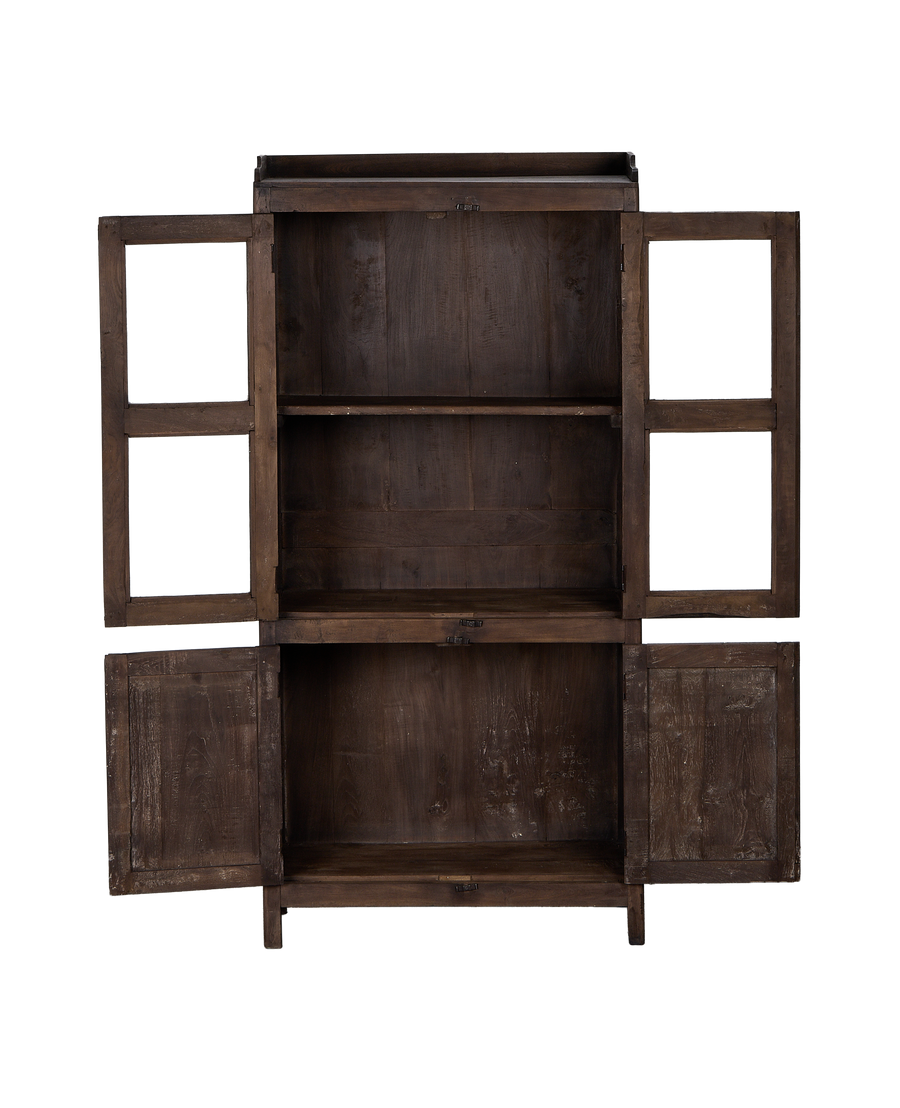 Vintage Indian oak wood cabinet, rustic dark finish, with all doors open, showing interior shelves.