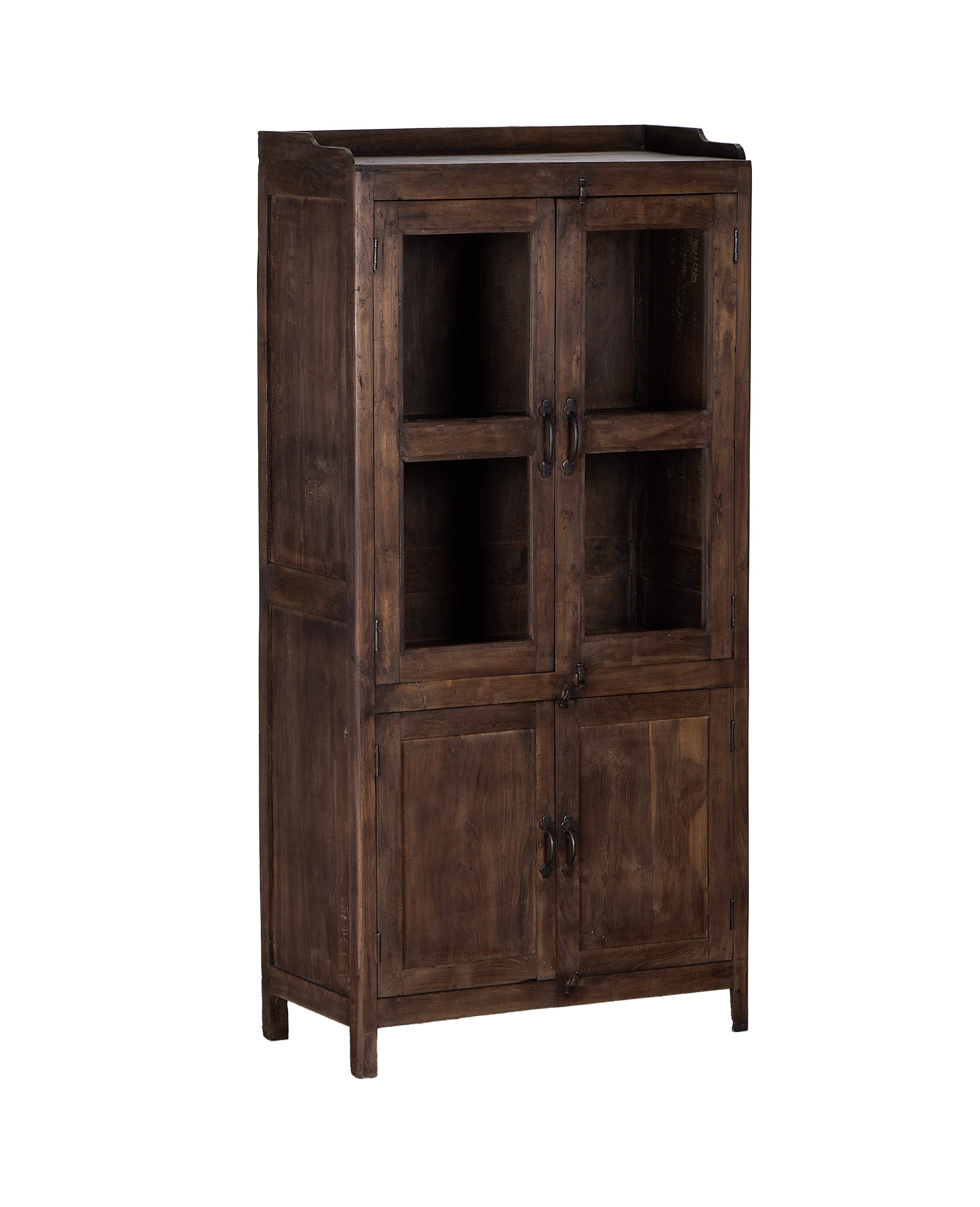 Vintage Indian oak cabinet, full front view showing glass and wood doors, dark patina.